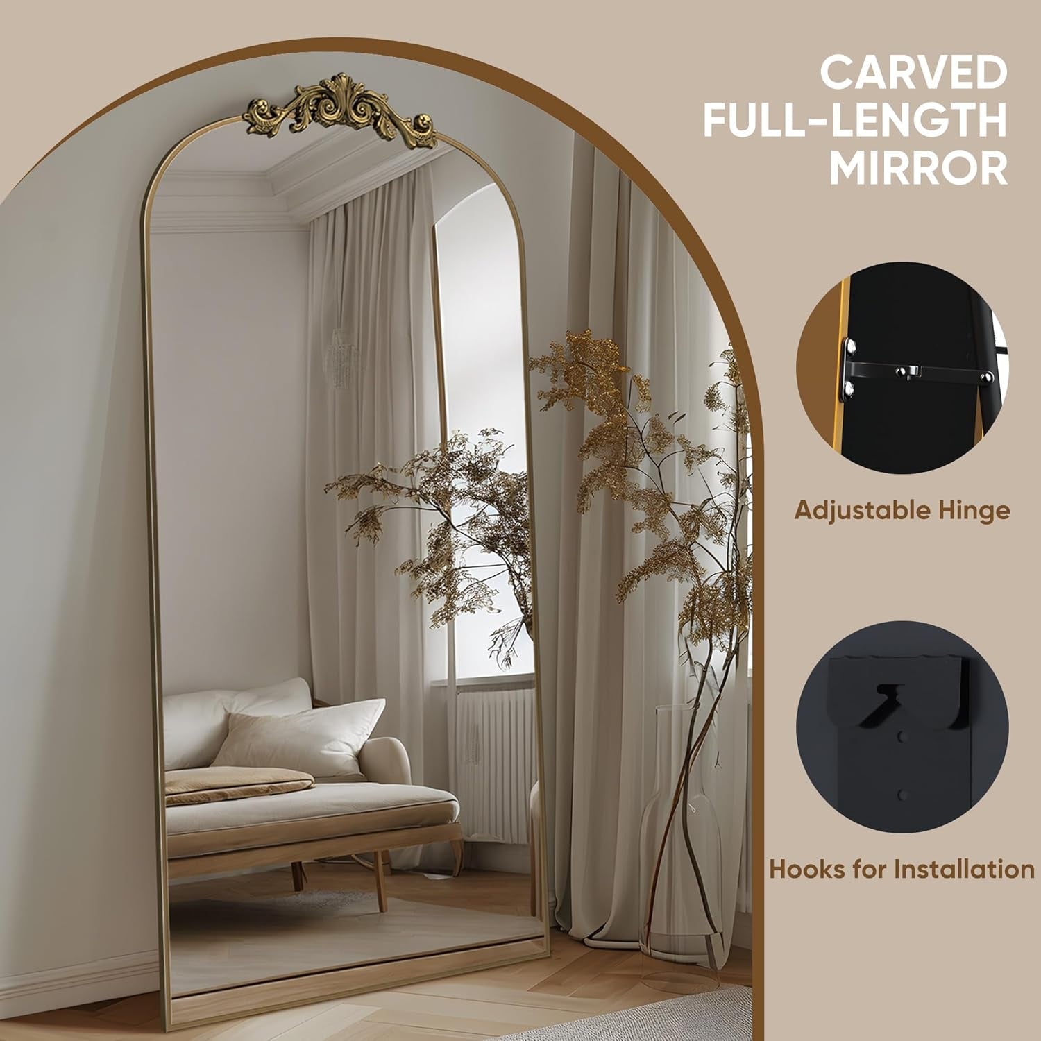 Carved full-length mirror with decorative arch and gold frame, showing a room reflection.
