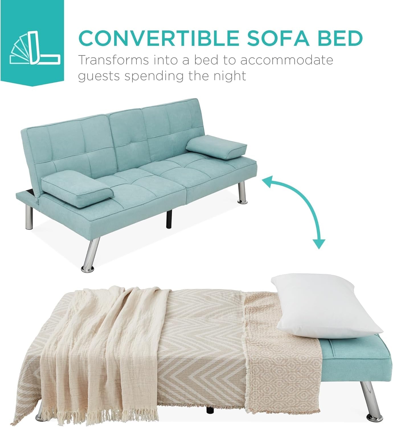 Linen Folding Futon Sofa Bed Aqua With Removable Armrests-4