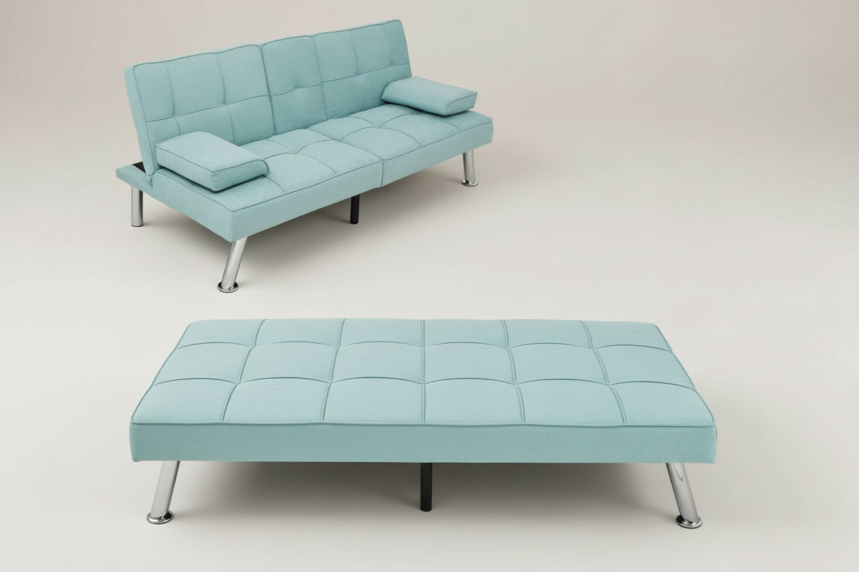 Linen Folding Futon Sofa Bed Aqua With Removable Armrests-4
