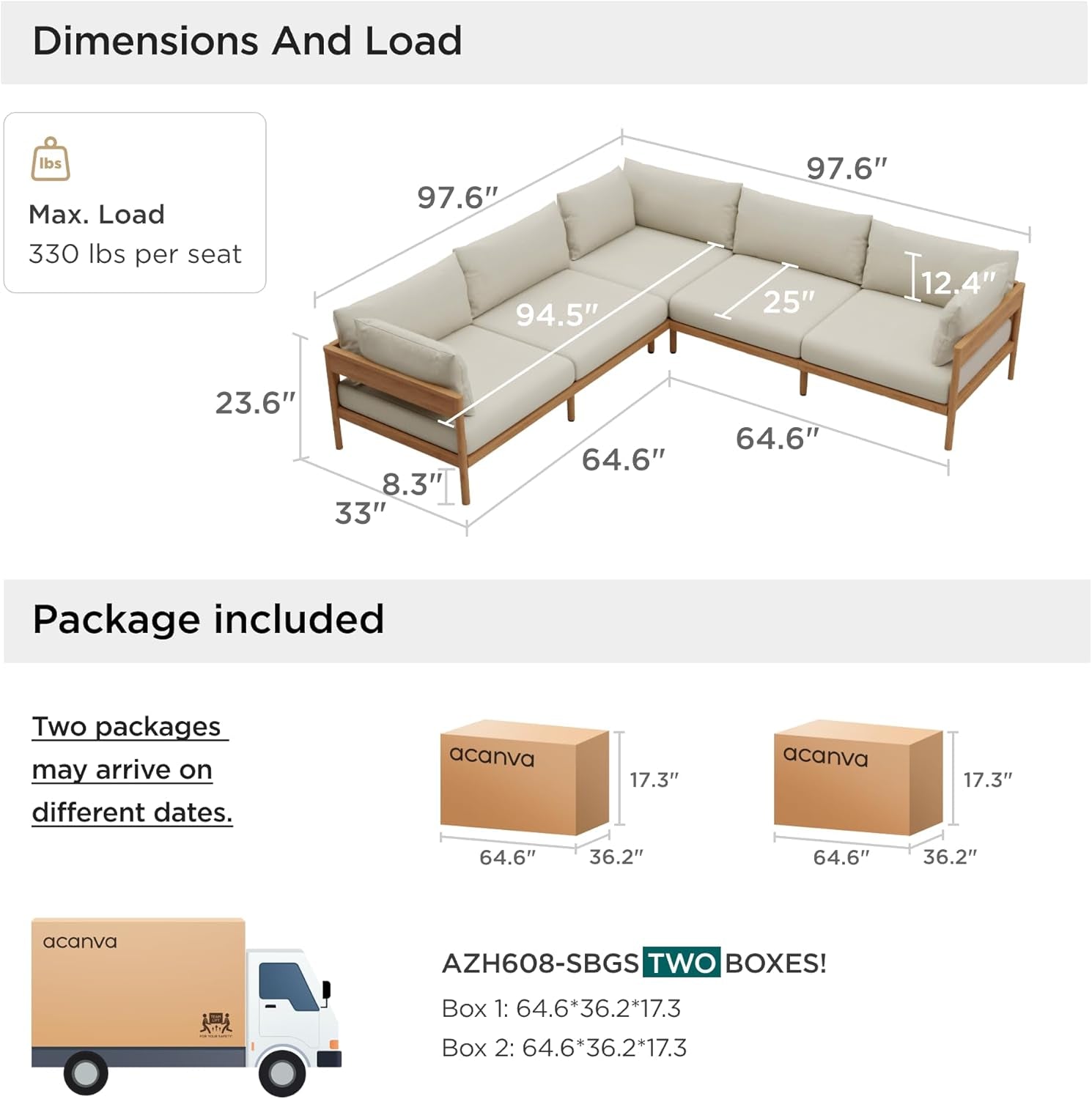 Dimensions and load capacity of an outdoor sectional sofa with packaging information.