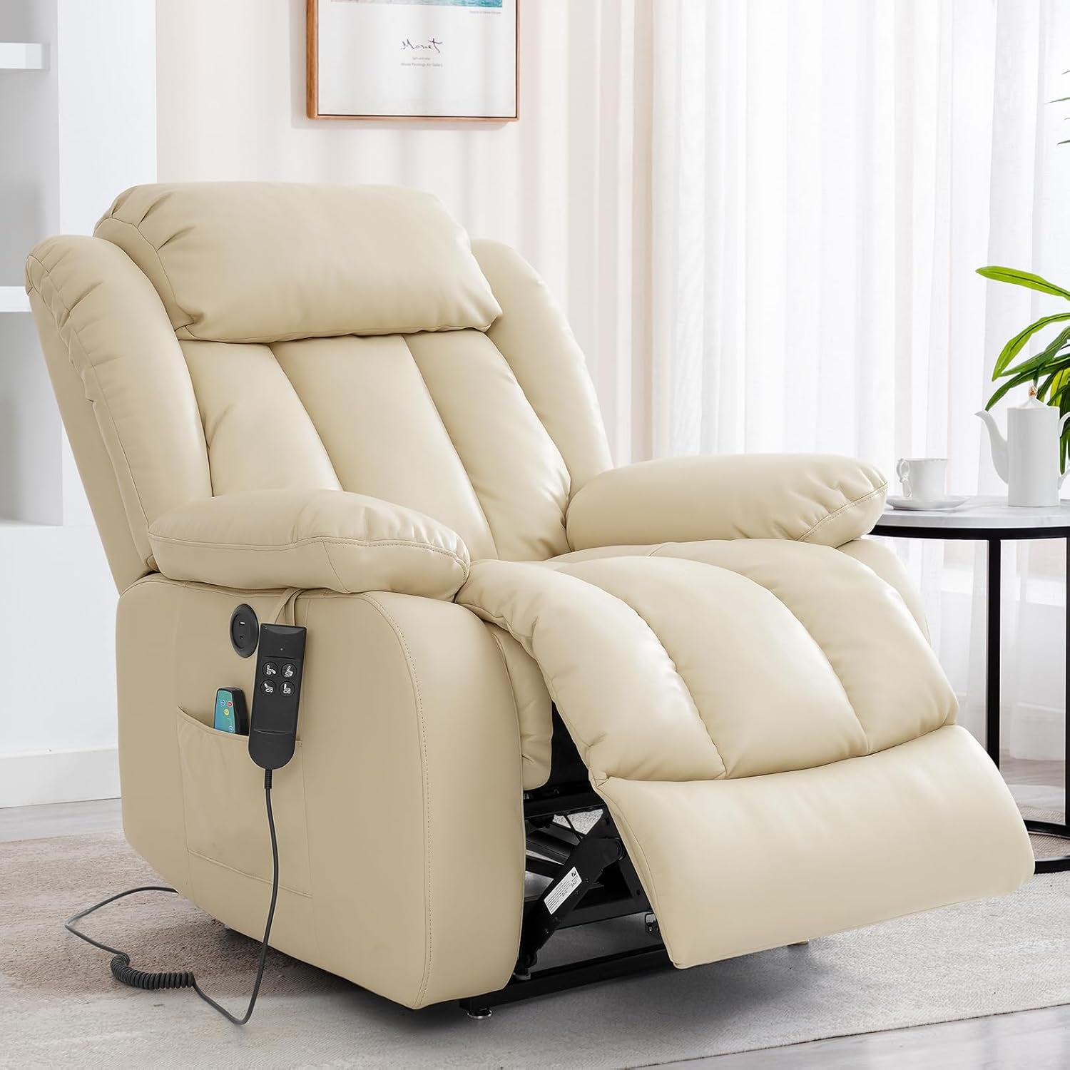 Dual Motor Large Power Lift Recliner Chair Recliners for Elderly, Infinite Position Recliner Chair with Heat and Massage, Breathable Leather(Beige)-0