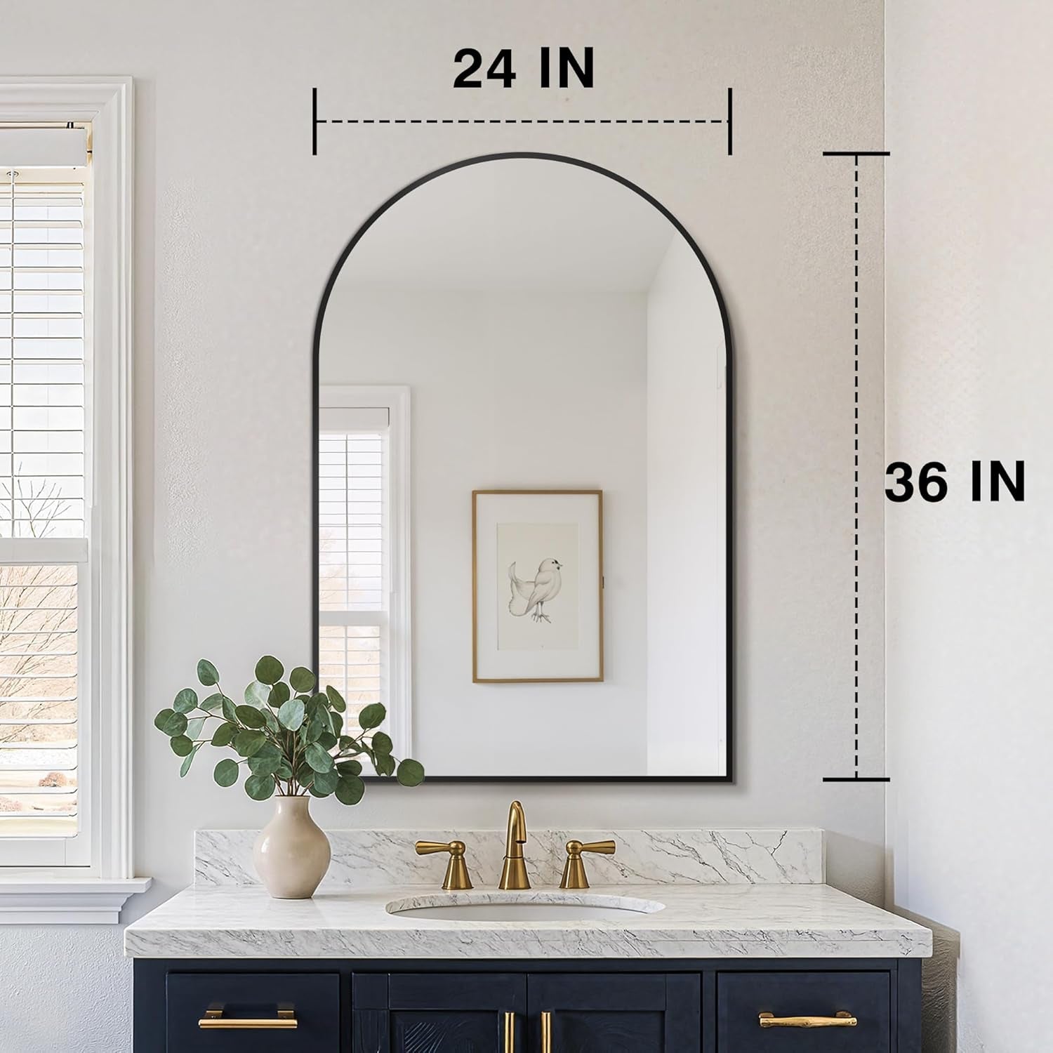 Bathroom vanity with mirror, sink, and decorative elements, showing dimensions on a neutral wall.