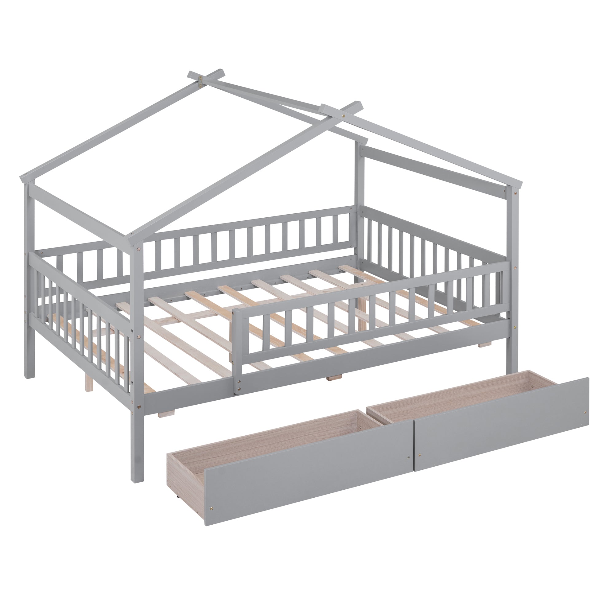 Full Size Wooden House Bed with Two Drawers