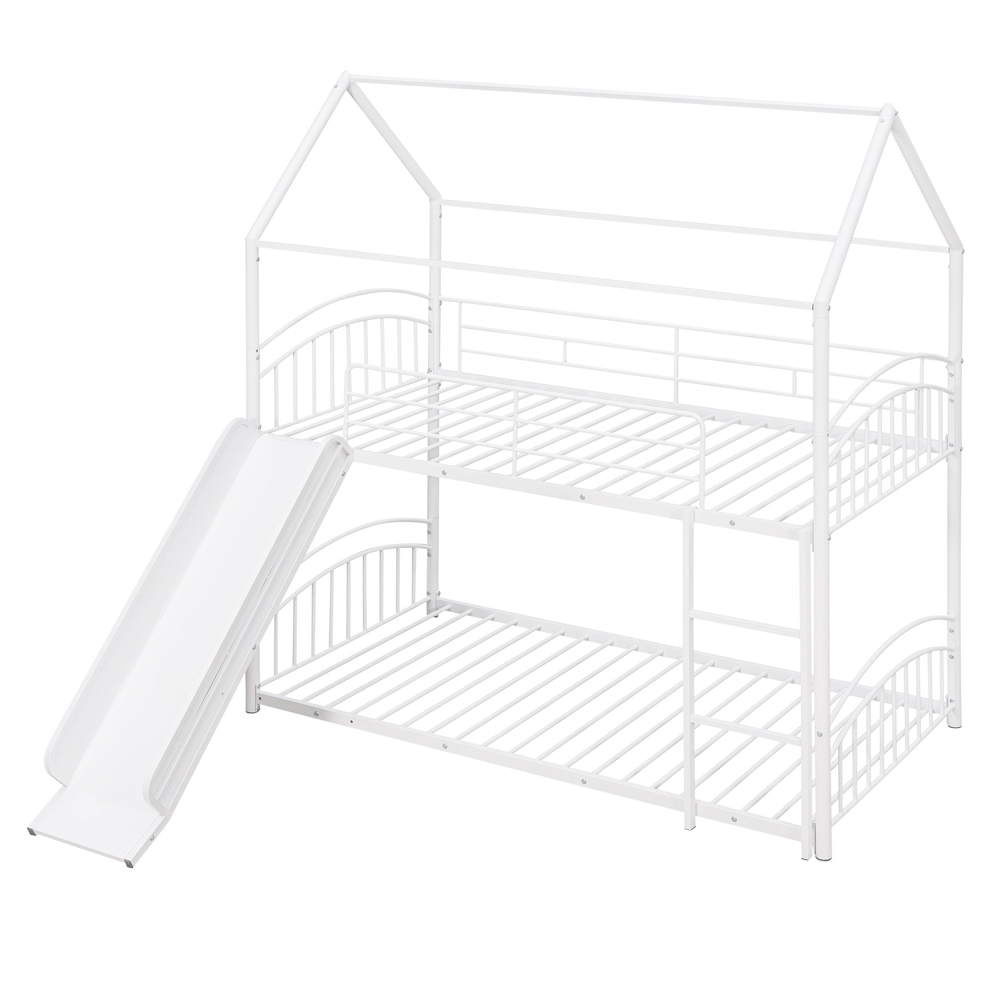 Twin Over Twin Metal Bunk Bed With Slide, Kids House Bed