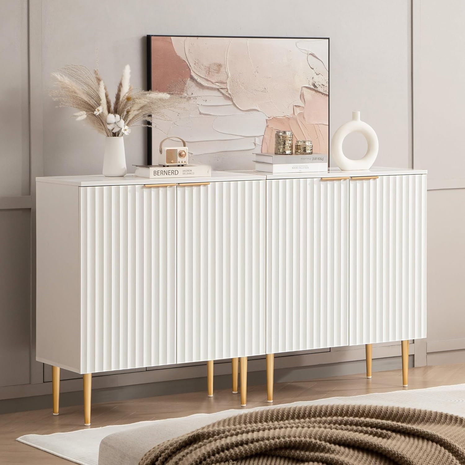 White Fluted Storage Cabinet Set Of 2 Modern Sideboards