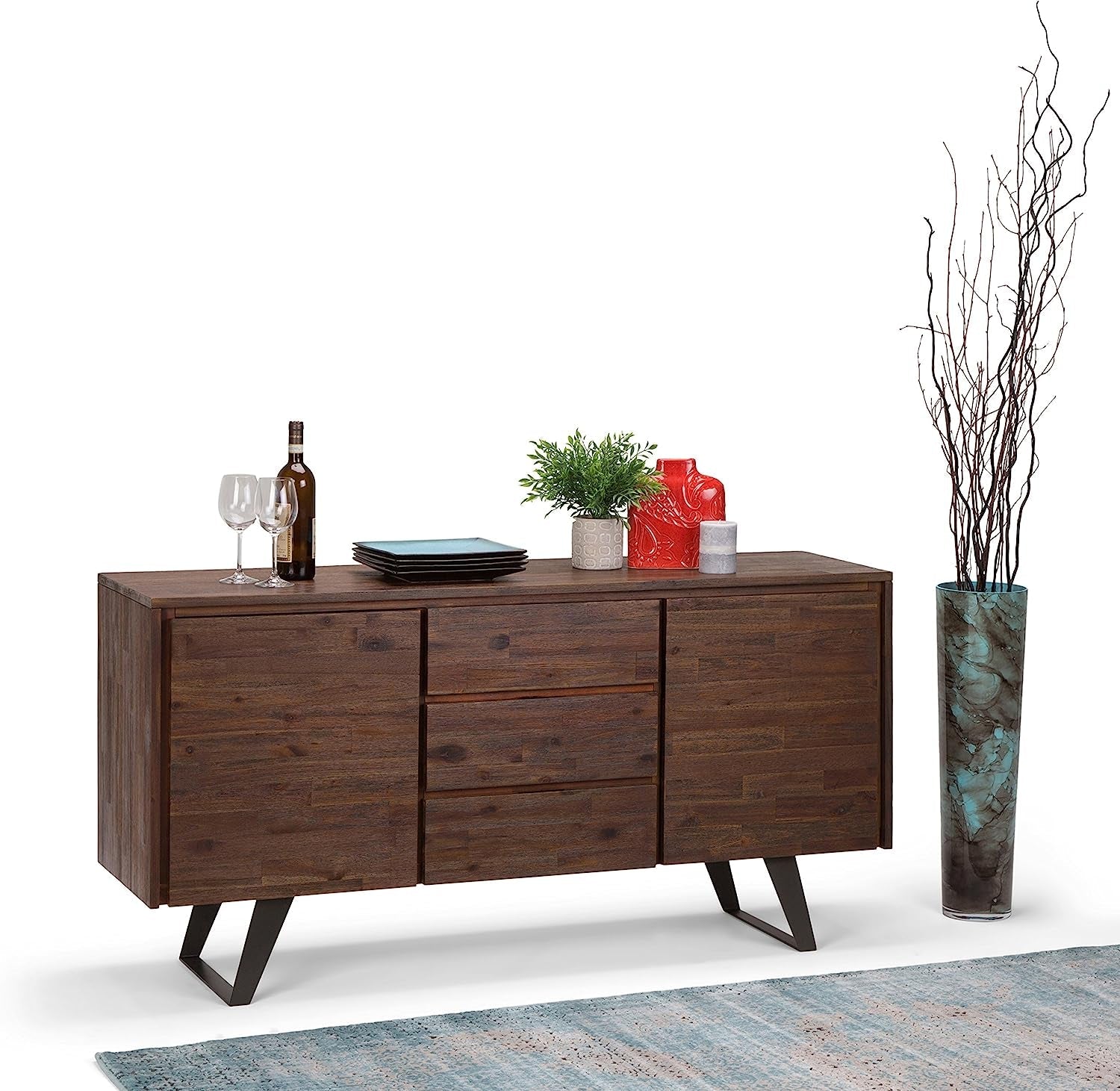 Solid Acacia 60 Inch Modern Sideboard Buffet With Wine Rack