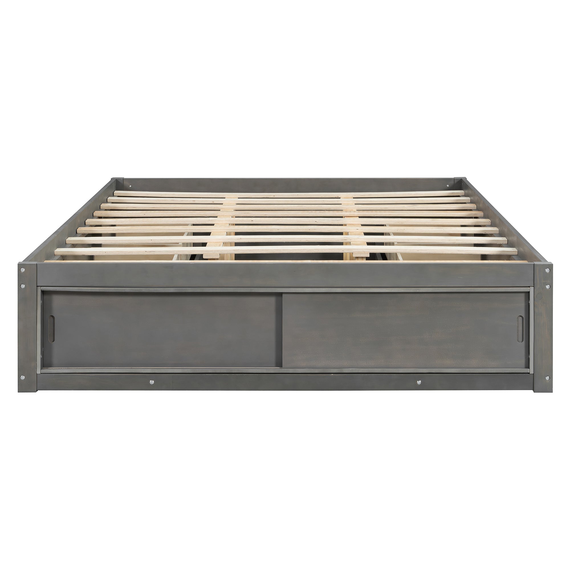 Platform Bed Frame with 4 Storage Drawers and Footboard Storage Cubby,