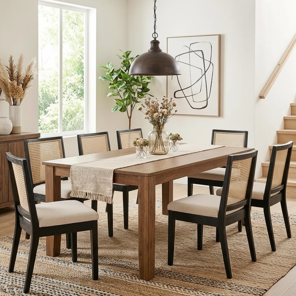 Family of six, including children and adults, sitting around a wooden dining table with a dog on the floor.