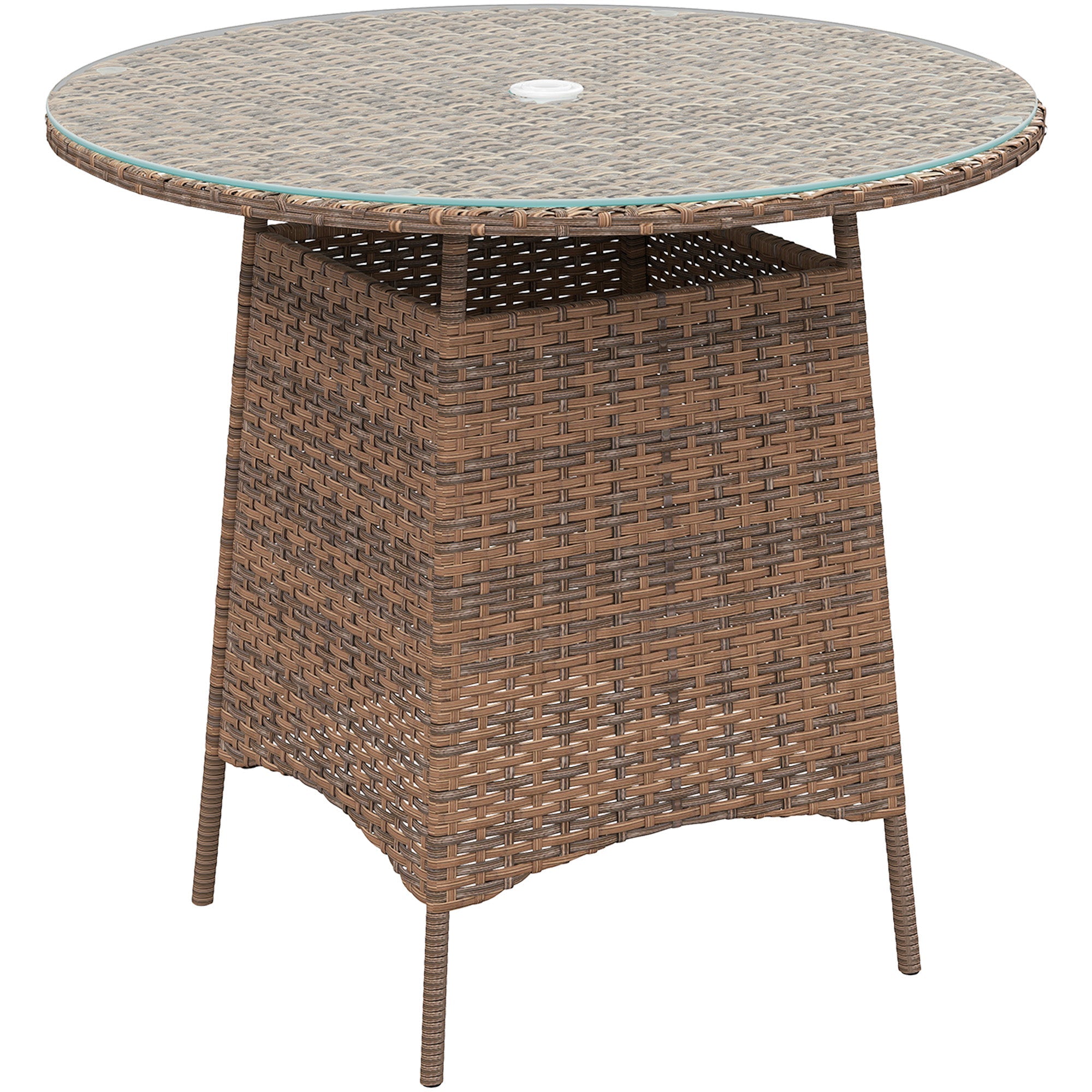 Wicker Garden Rattan Table, Patio Furniture Outdoor Coffee Table with Umbrella Hole and Tempered Glass Top, Brown-0