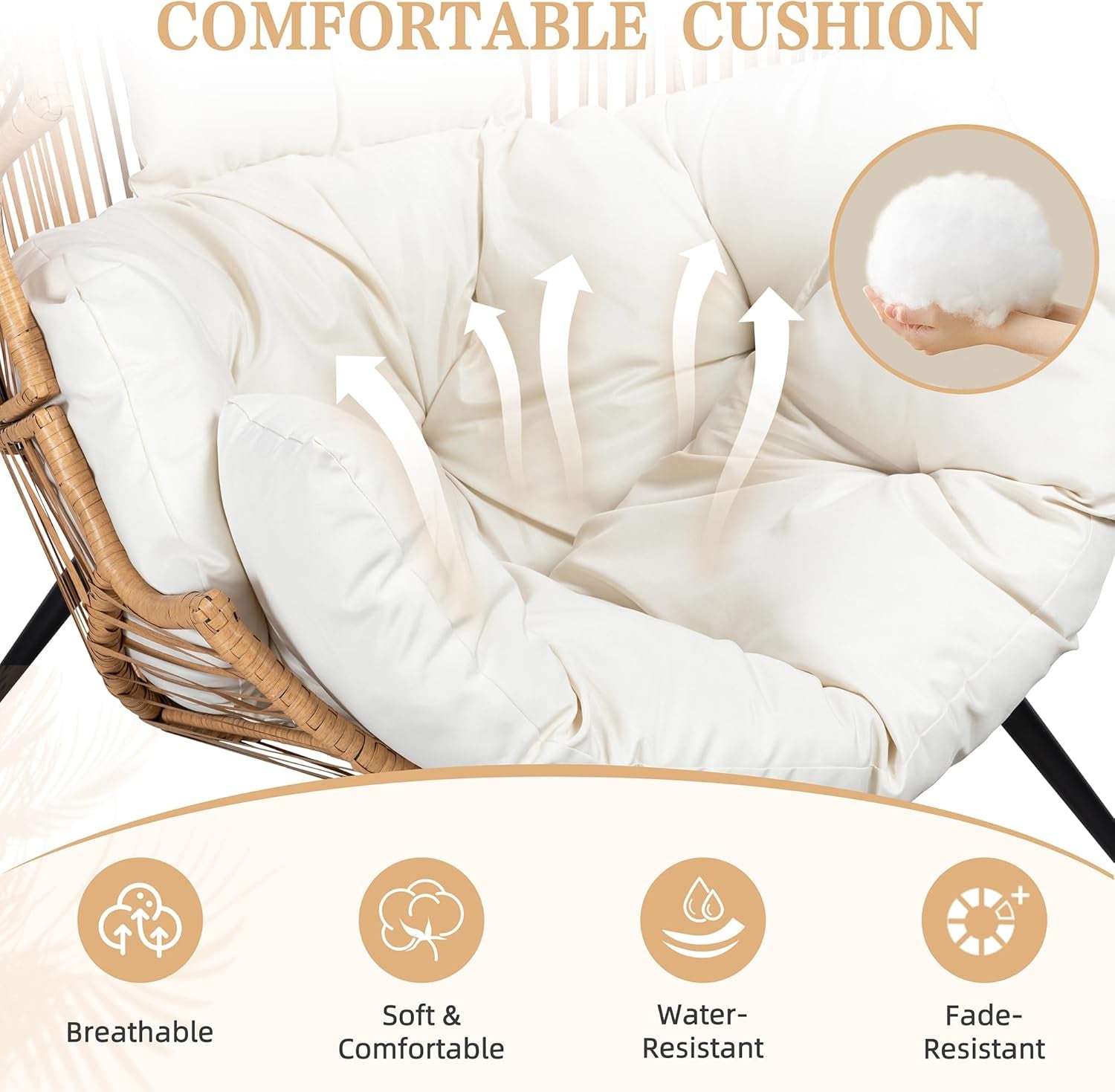 White cushion on a wicker chair with text highlighting comfort features.