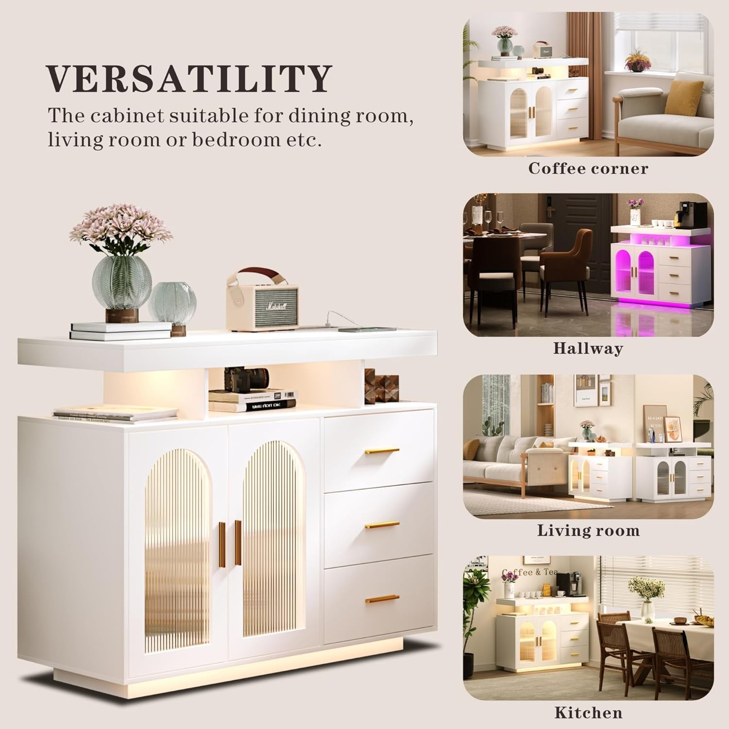 White cabinet with gold accents shown in various room settings including a coffee corner, hallway, living room, and kitchen.