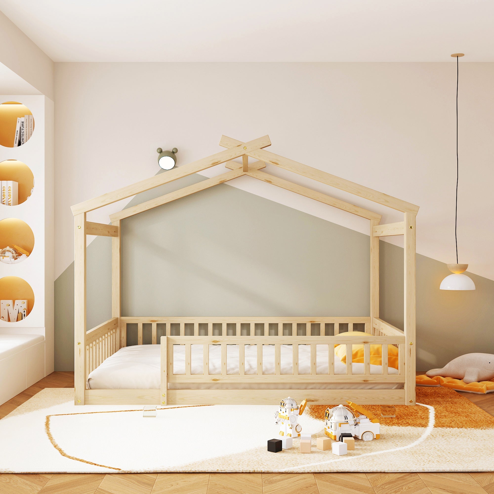 Wood Bed House Bed Frame with Fence, for Kids, Teens, Girls, Boys