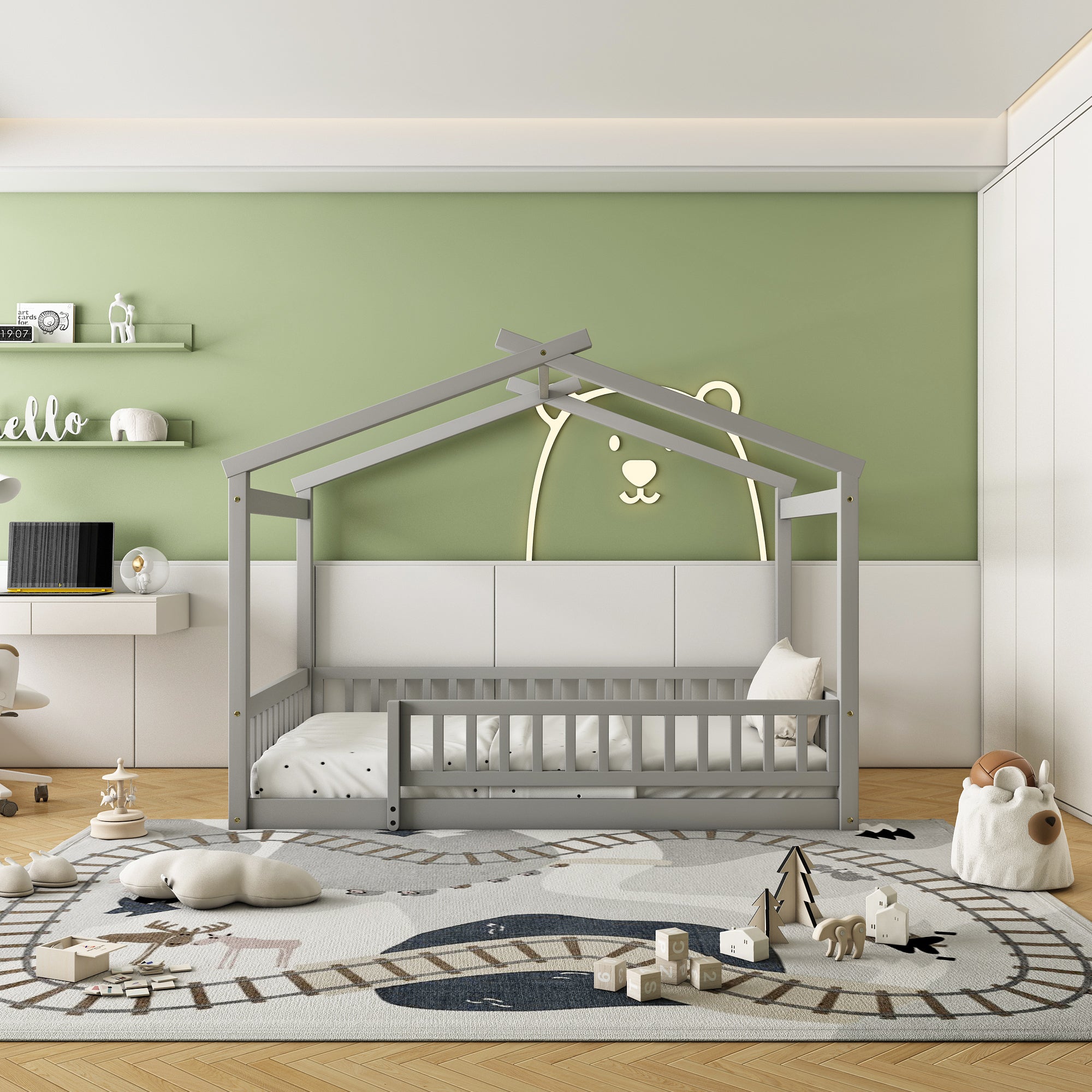 Wood Bed House Bed Frame with Fence, for Kids, Teens, Girls, Boys