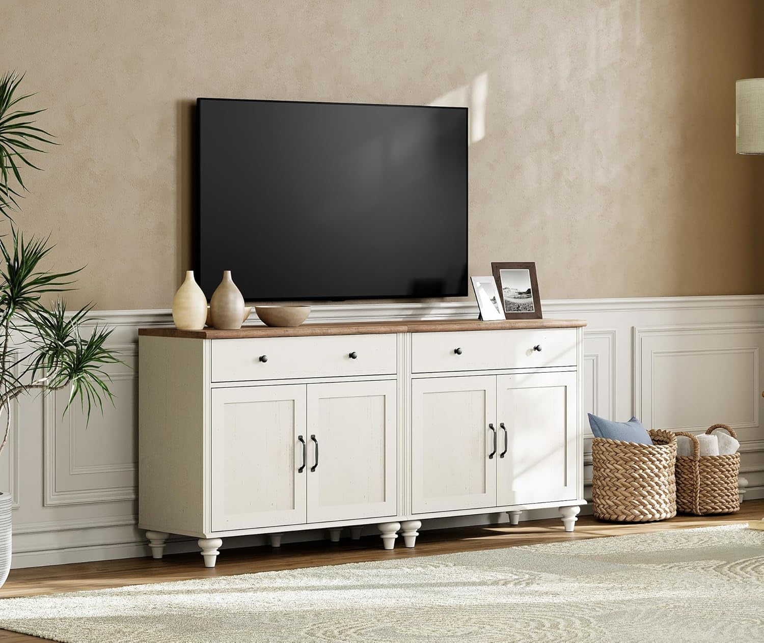 WAMAPT Buffet Cabinet with 4 Doors and 2 Drawers, Large Coffee Bar Tables Wood Kitchen Storage Cabinets with Storage Cabinets, Modern Farmhouse Sideboard Credenza for Dining Room, off White, 68 Inch-4