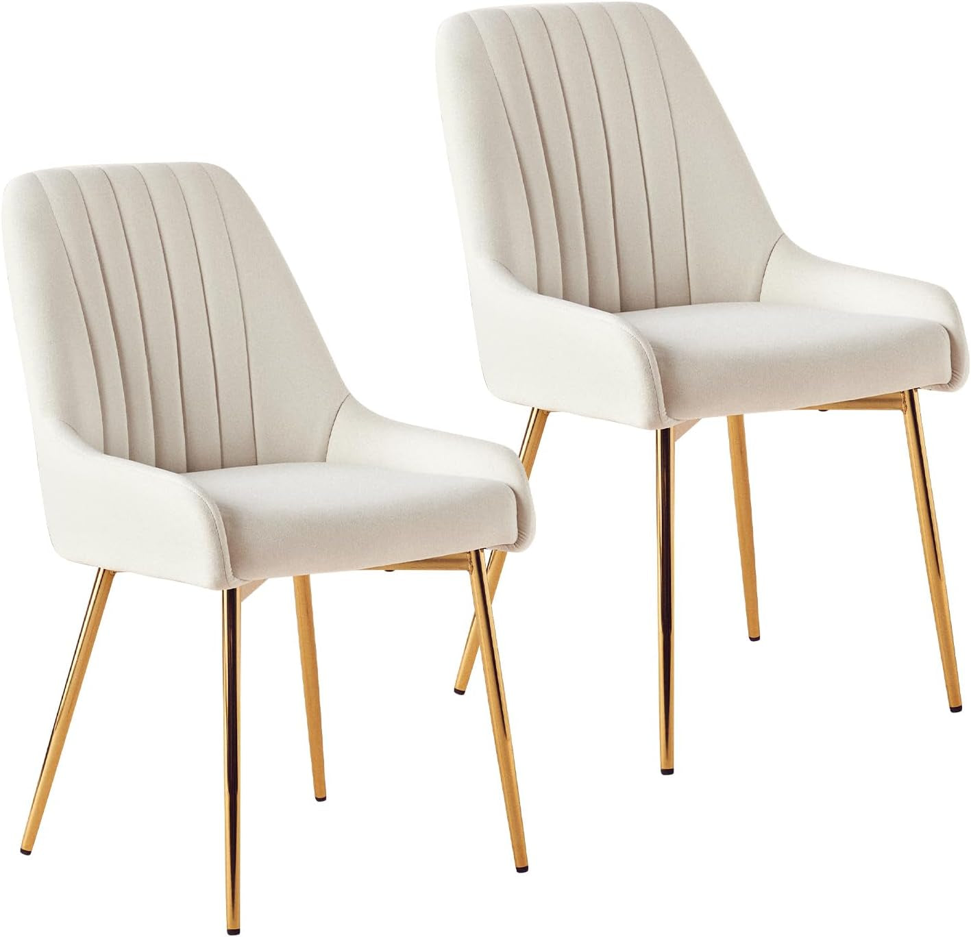 Two beige upholstered chairs with gold legs on a white background