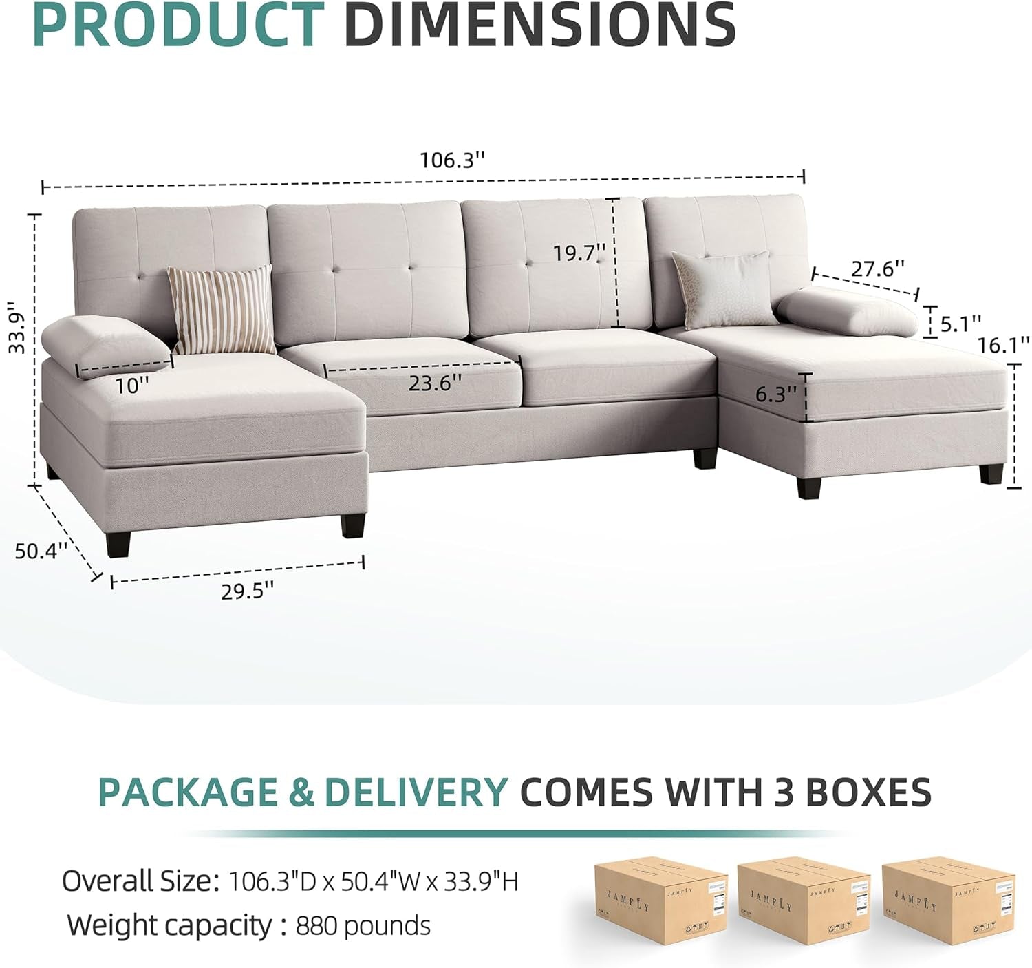 Gray sectional sofa with dimensions and package information on a white background