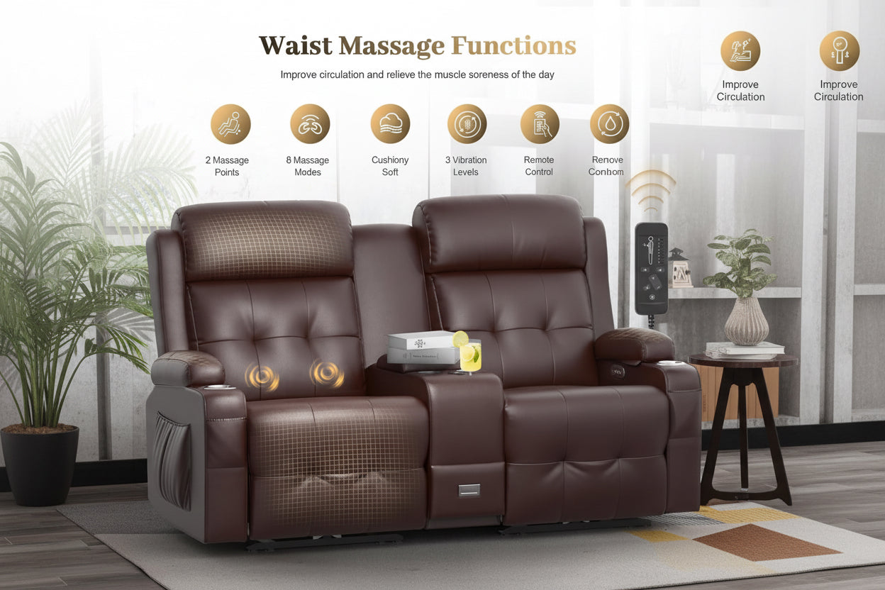 Woman sitting on a massage recliner chair with text highlighting waist massage functions.