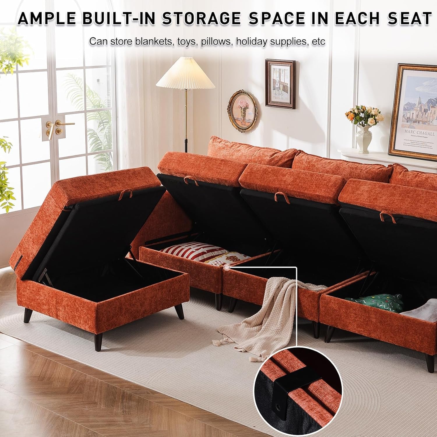 Sectional sofa with storage compartments in a living room setting