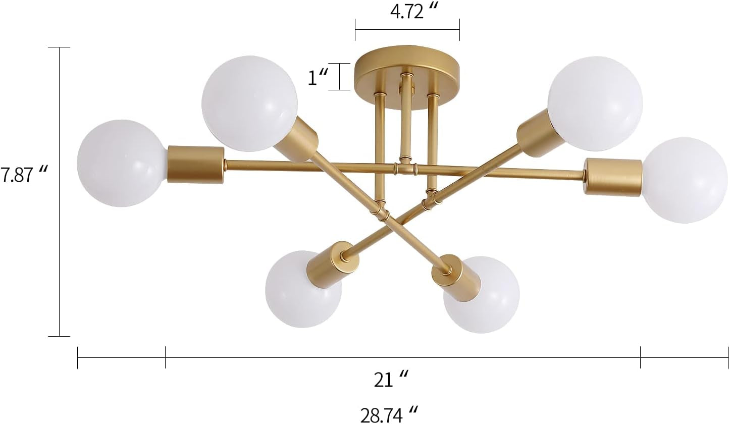 Gold chandelier with six white bulbs and measurements on a white background