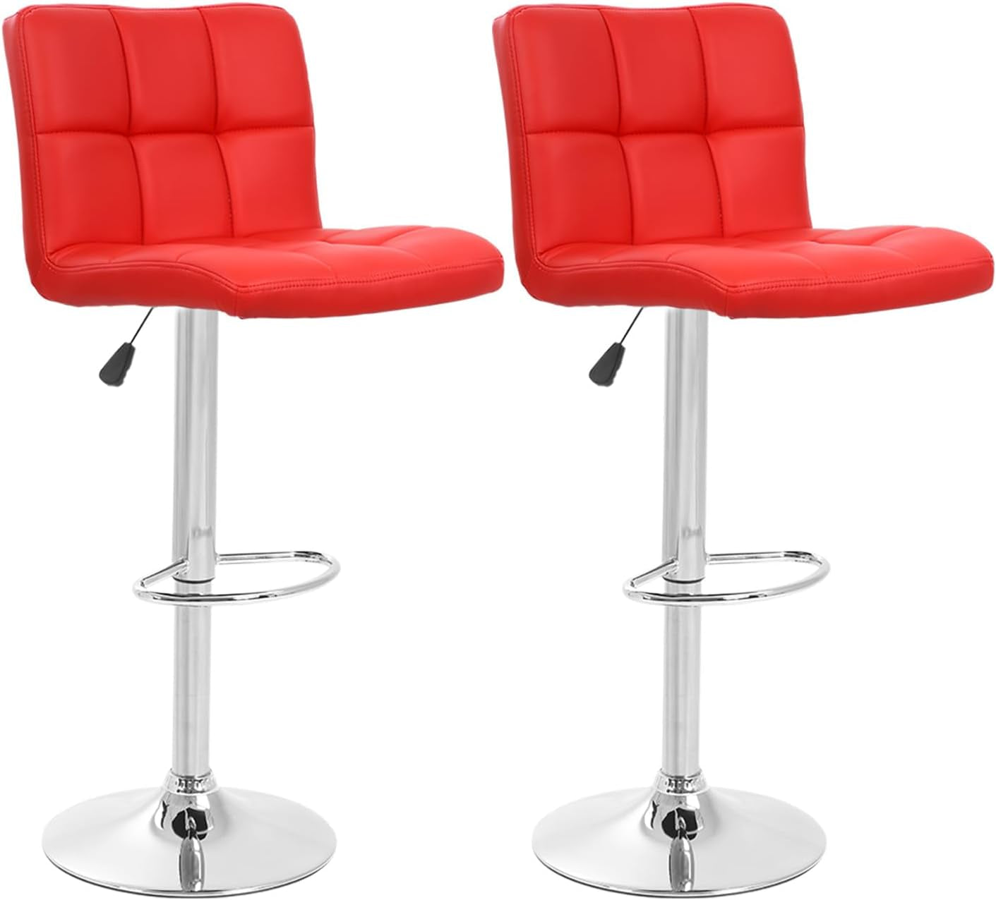 Two red bar stools with chrome bases on a white background