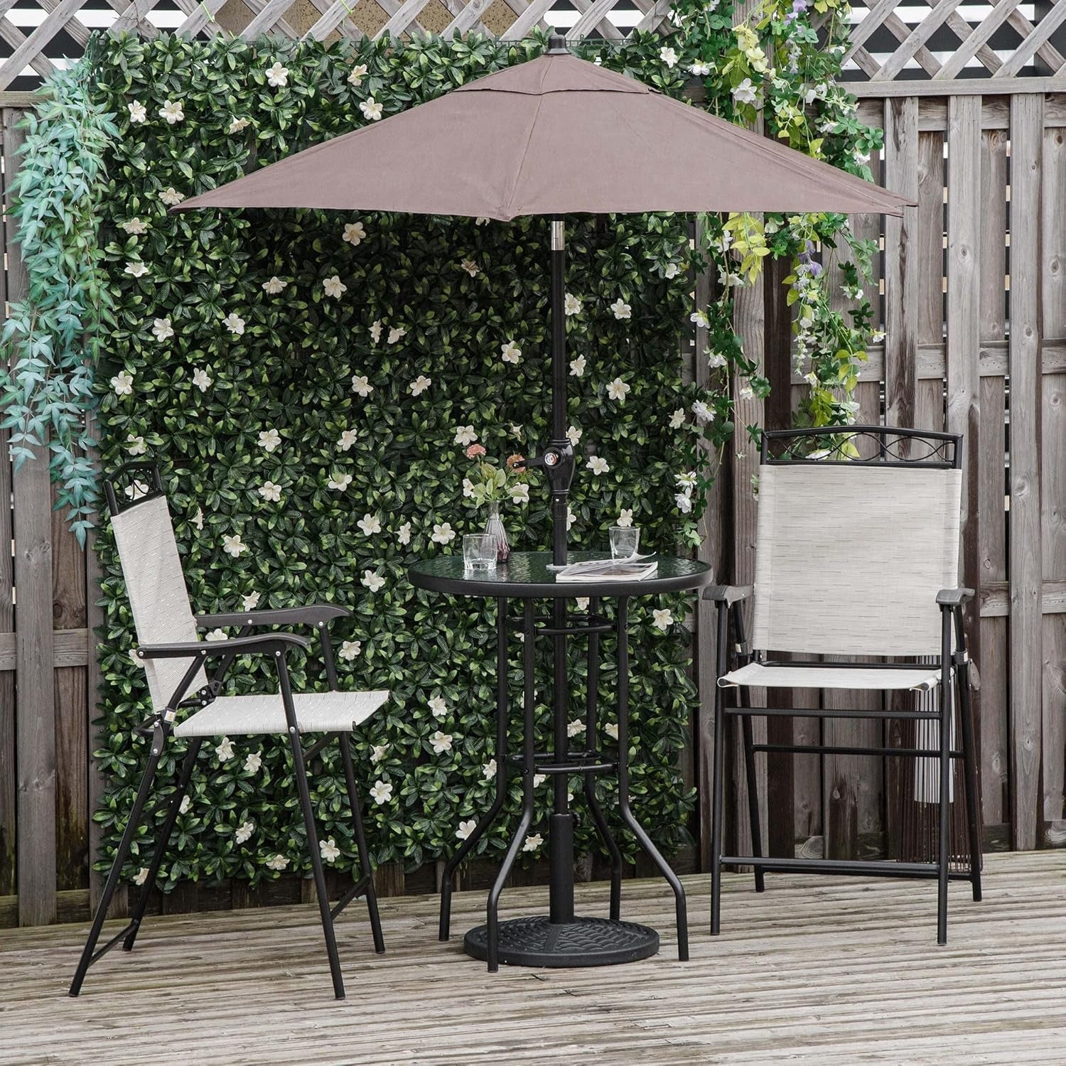 Hardy Haus Patio Dining Set with 2 Folding Chairs and Beige Umbrella