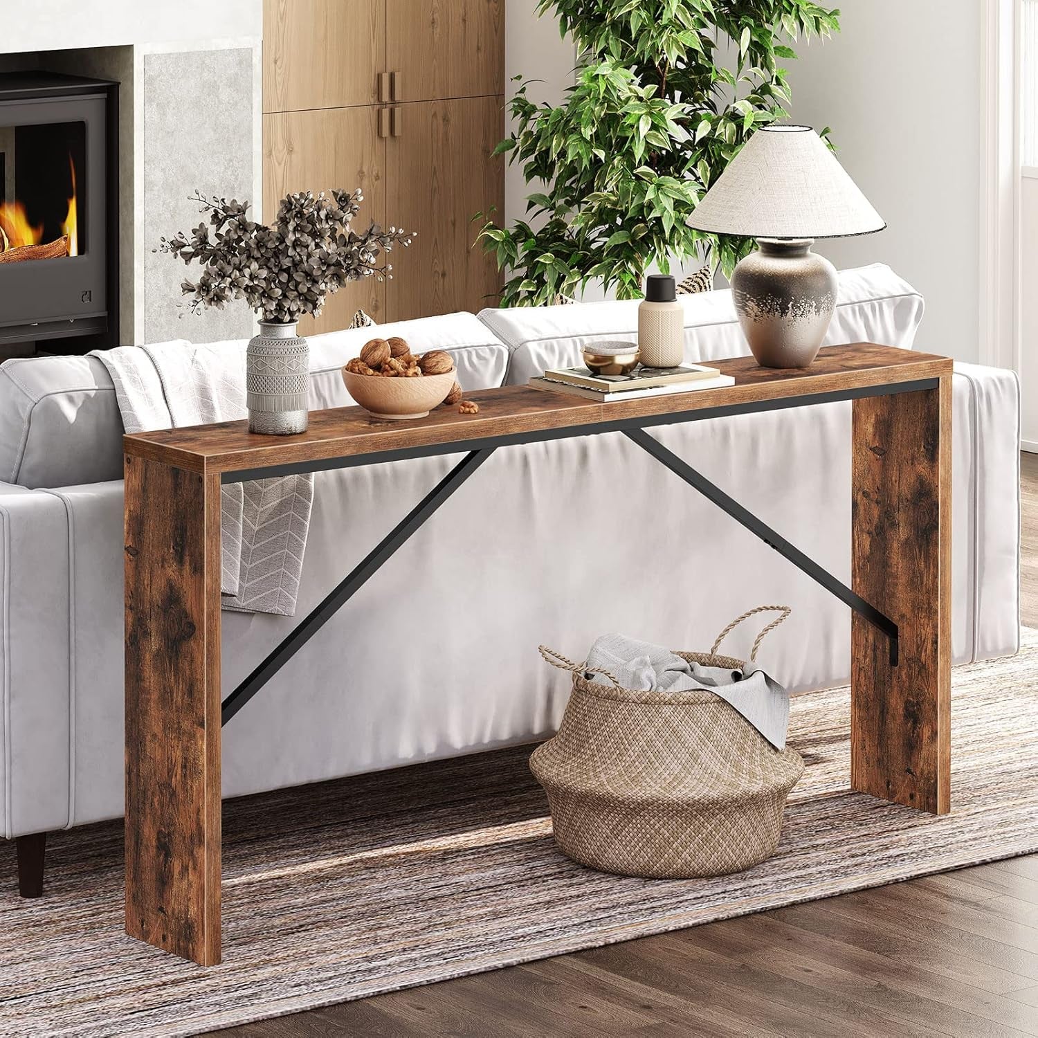 62 Inch Long Rustic Brown Console Table For Entryway