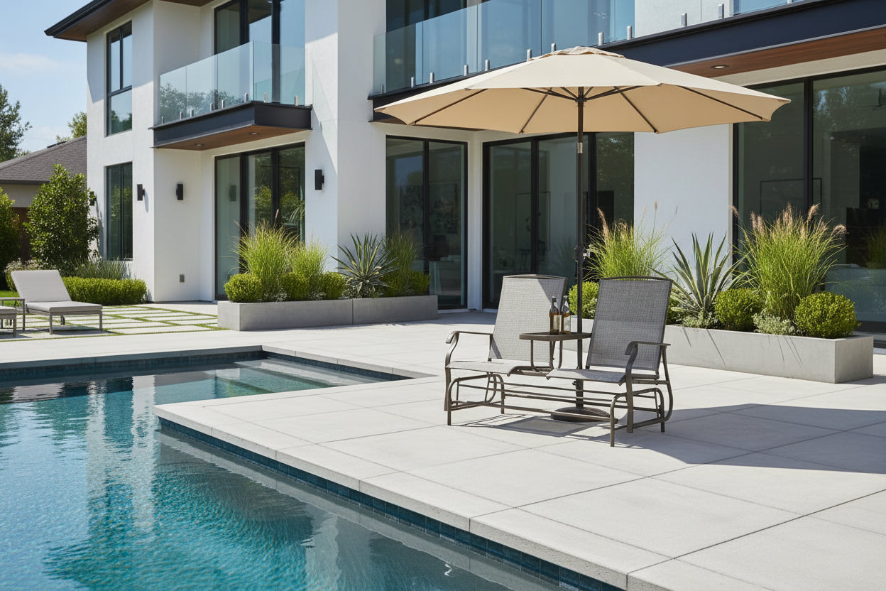 Two outdoor lounge chairs with a table and umbrella on a green lawn with plants in the background.