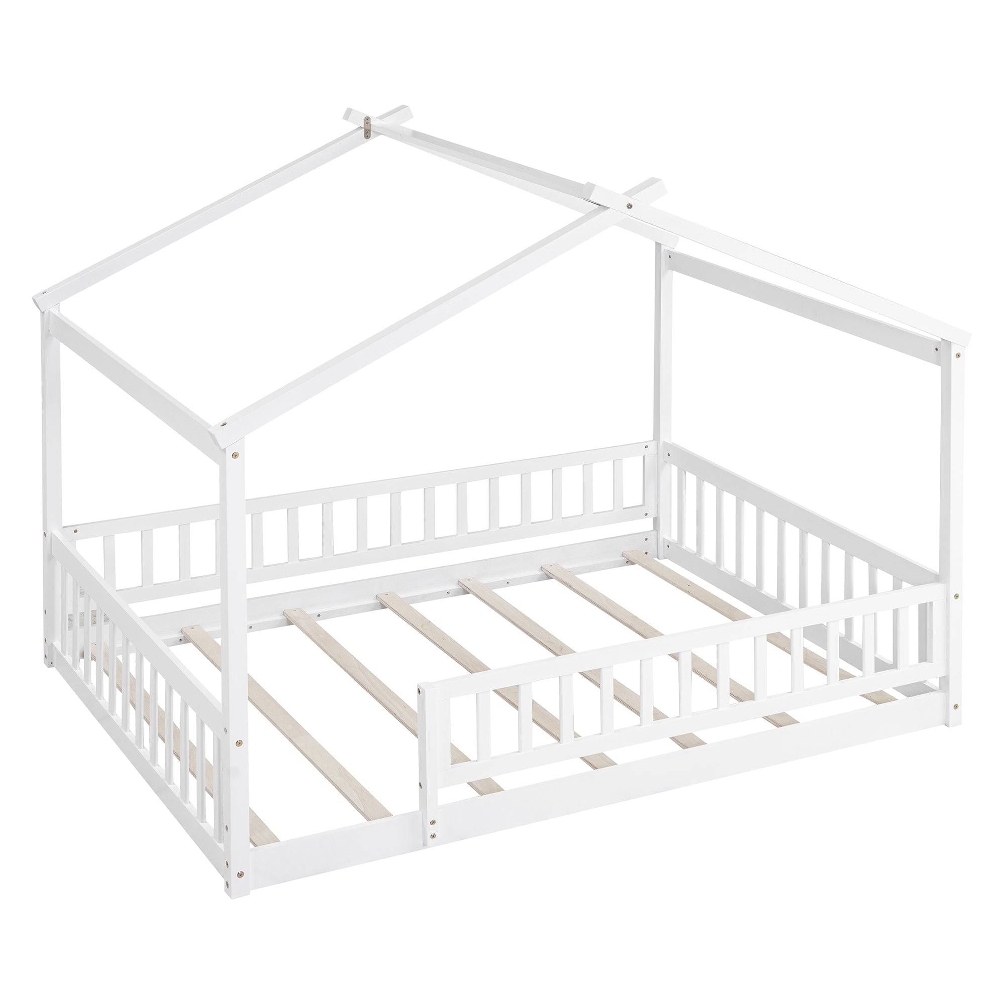 Wood Bed House Bed Frame with Fence, for Kids, Teens, Girls, Boys