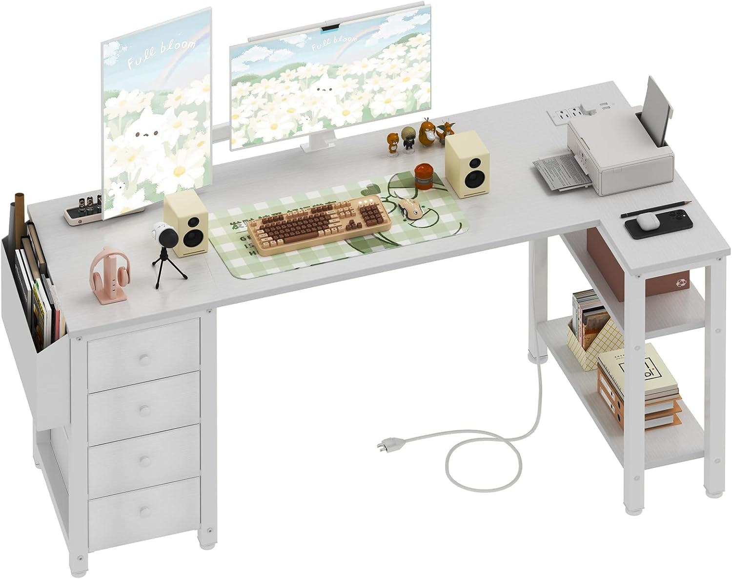 White L Shaped Desk with Drawers & Storage Shelves, 55 Inch Corner Computer Desk with Power Outlet for Home Office Bedroom, L-Shaped Teen PC Desks with Fabric Drawer, White-0