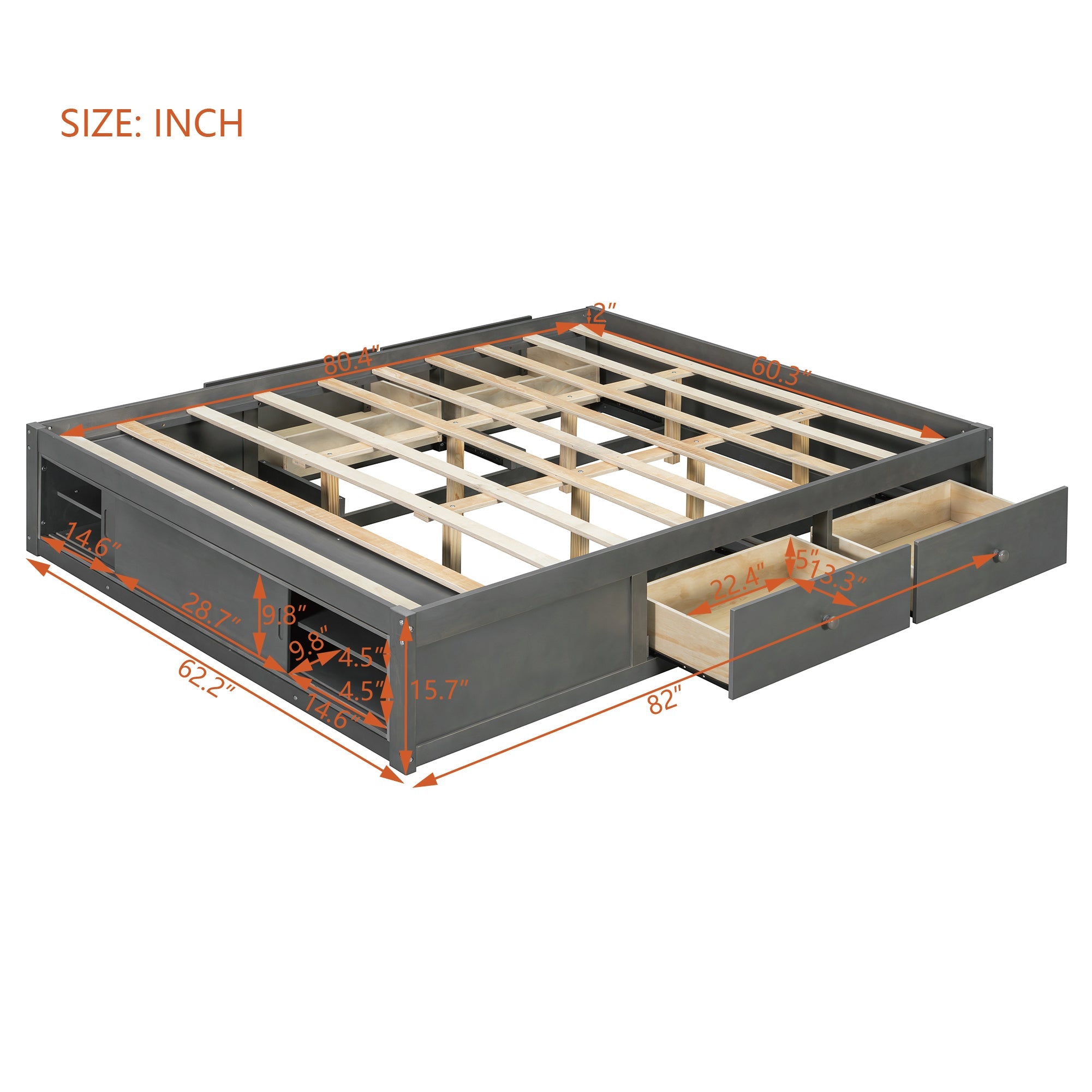 Platform Bed Frame with 4 Storage Drawers and Footboard Storage Cubby,
