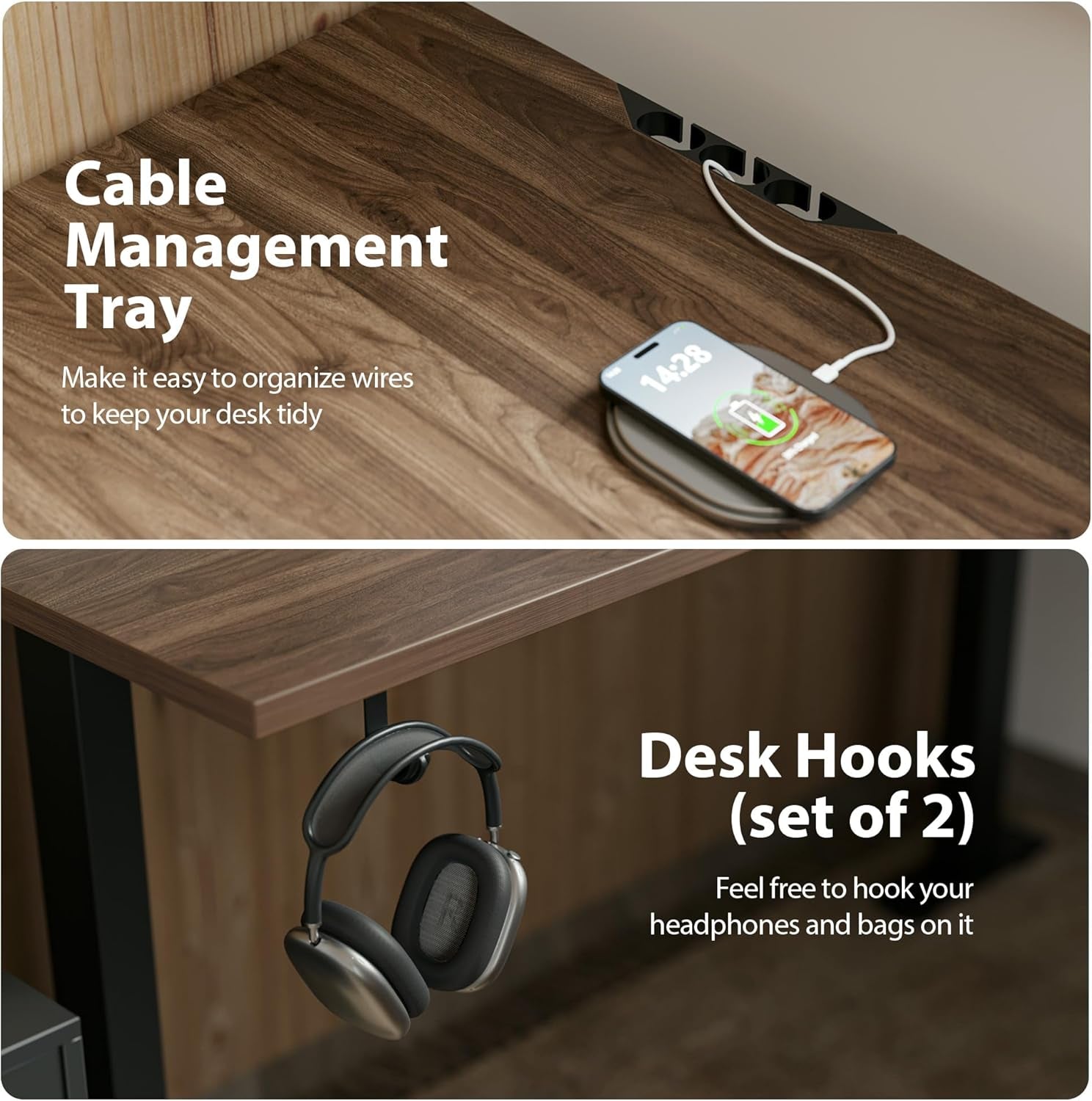 Cable management tray and desk hooks on a wooden surface with electronic devices.