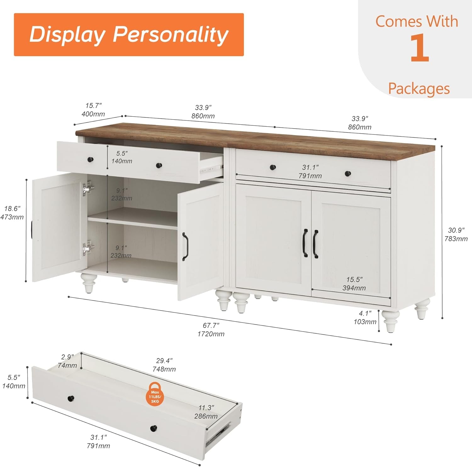 WAMAPT Buffet Cabinet with 4 Doors and 2 Drawers, Large Coffee Bar Tables Wood Kitchen Storage Cabinets with Storage Cabinets, Modern Farmhouse Sideboard Credenza for Dining Room, off White, 68 Inch-1