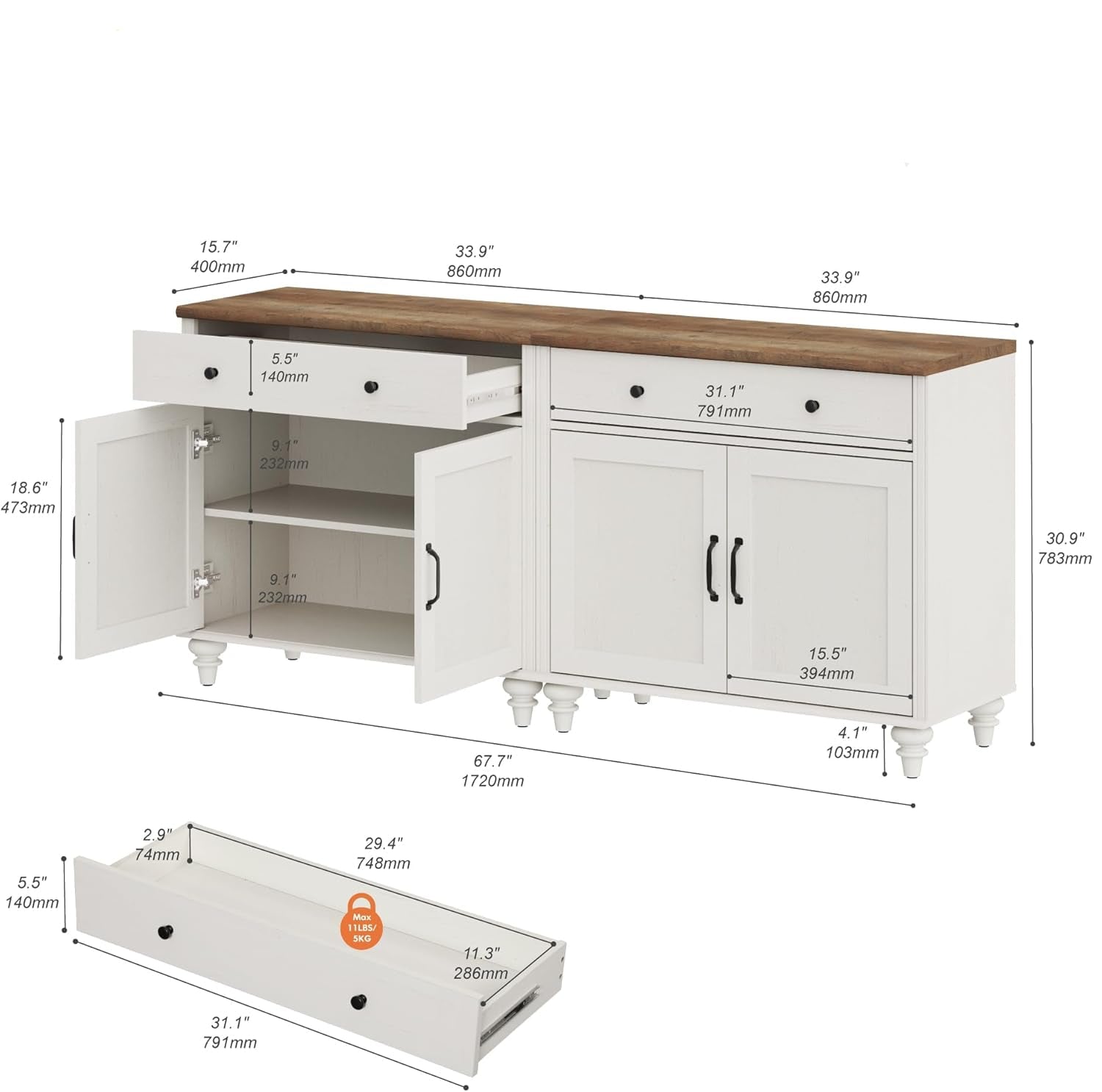 White sideboard with wooden top and dimensions on a white background