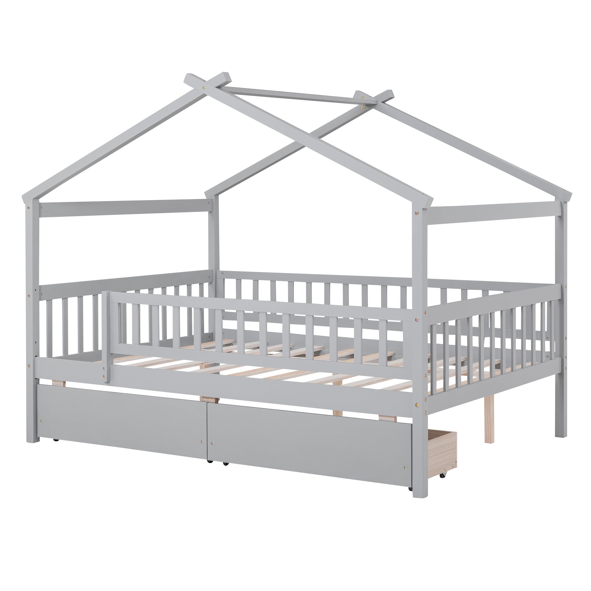 Full Size Wooden House Bed with Two Drawers