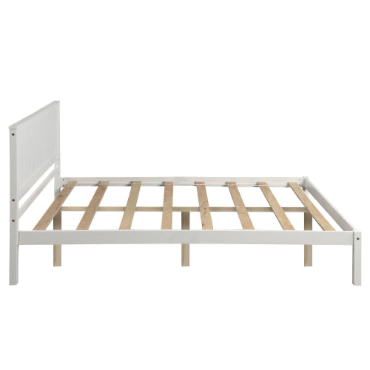 White metal bed frame with wooden slats on a white background