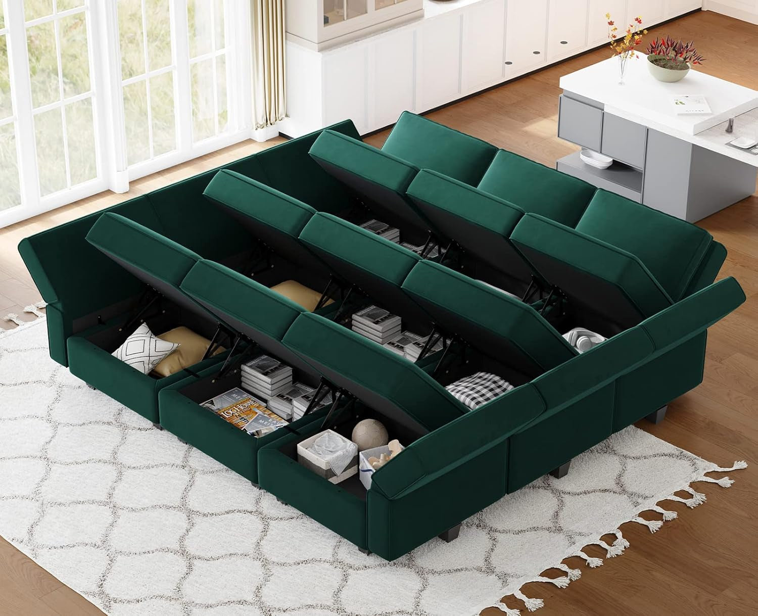 Green sectional sofa with storage compartments in a living room setting.