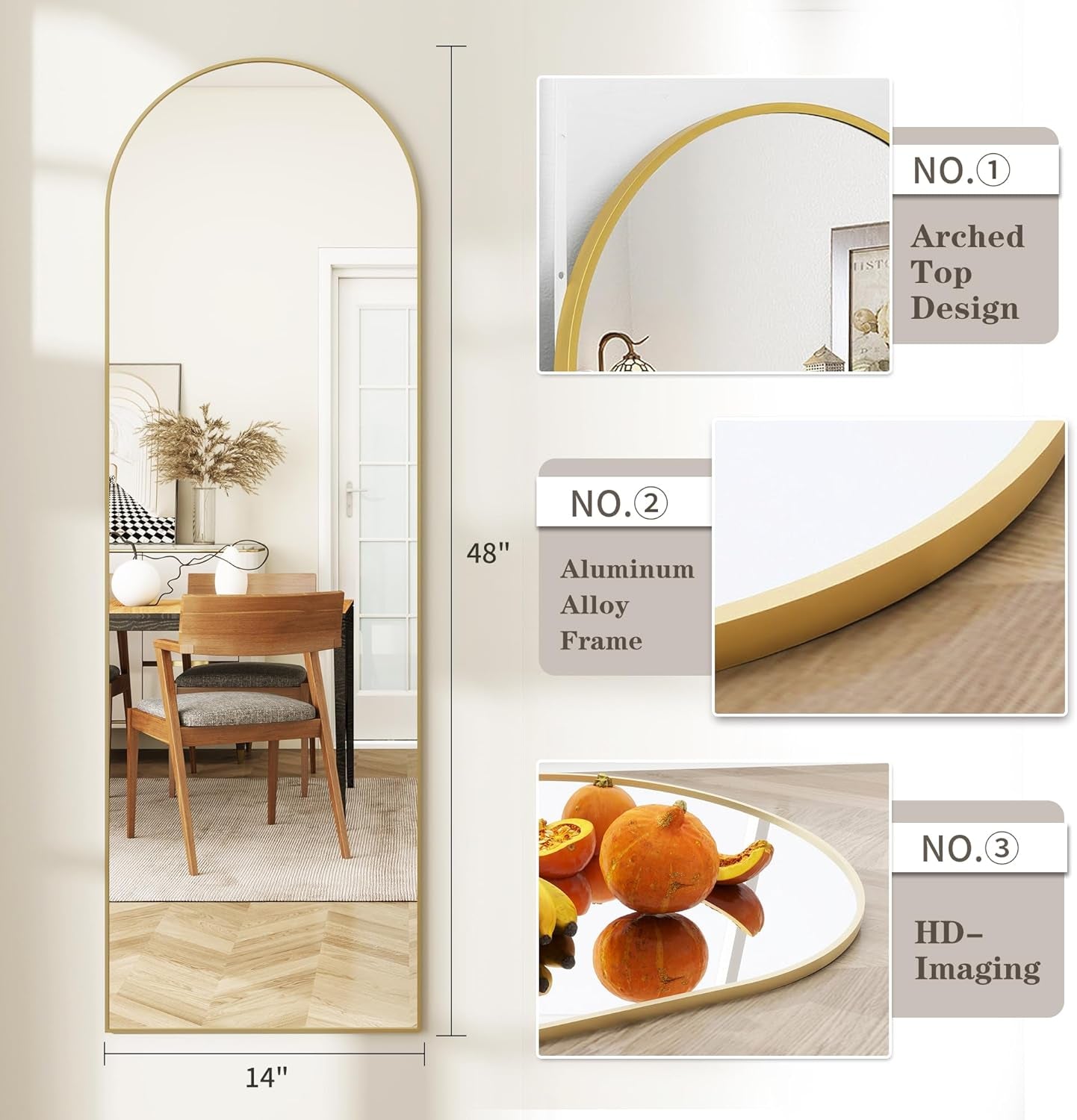 Gold-framed mirror with arch top design, size details, and product features.