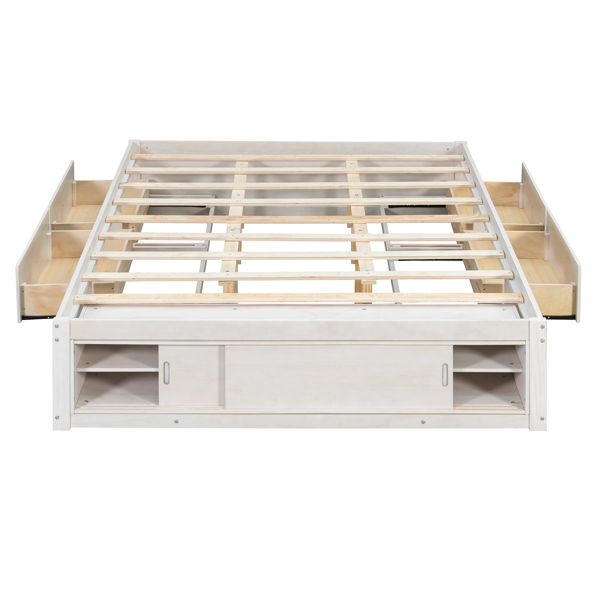 Platform Bed Frame with 4 Storage Drawers and Footboard Storage Cubby,