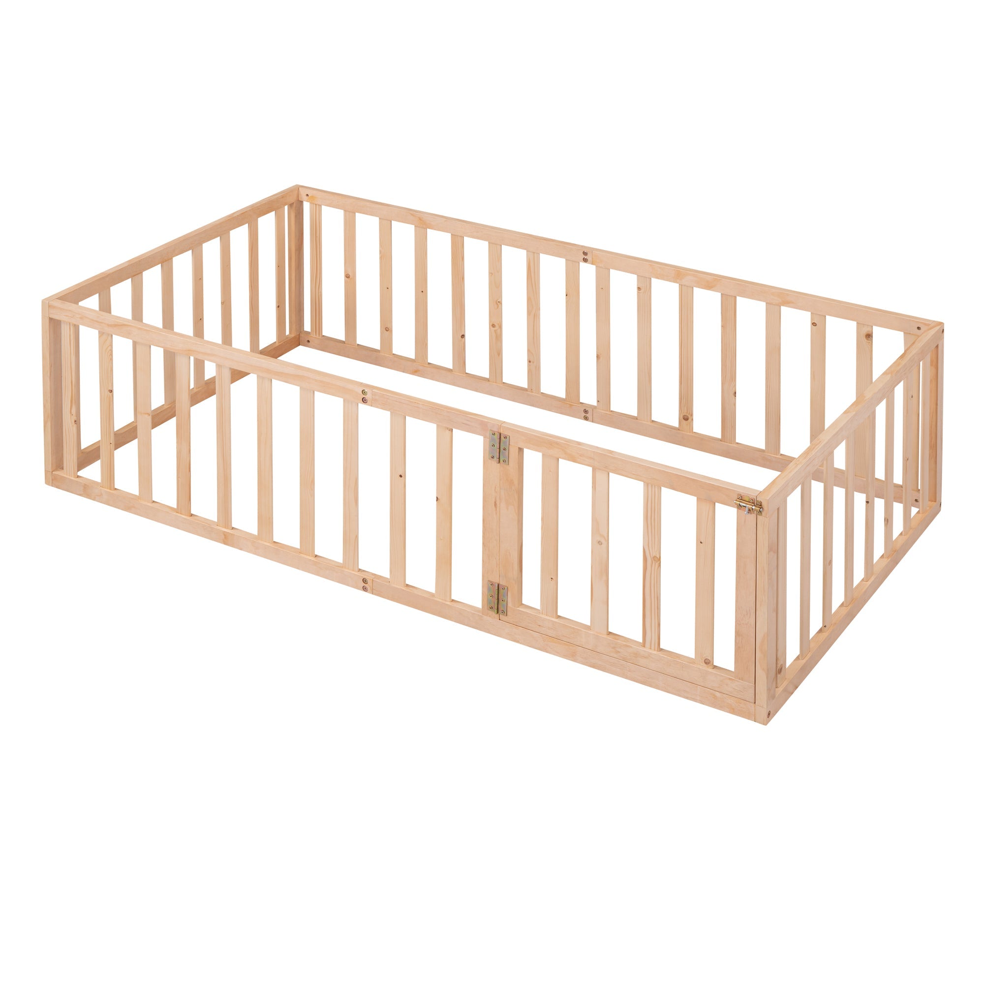 Twin Size Wood Floor Bed Frame with Fence and Door