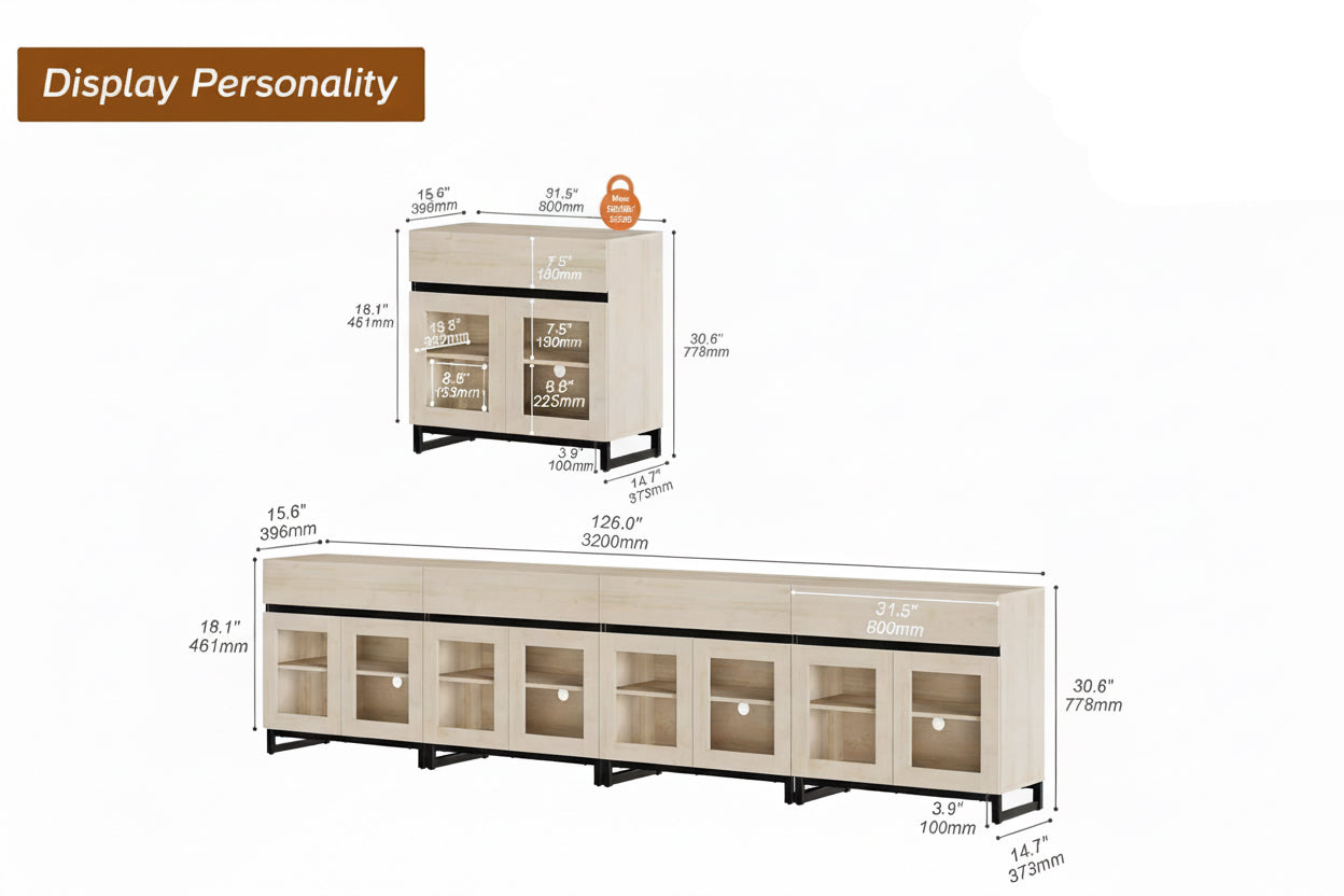 Dimensions of a wooden entertainment console with glass panels on a white background
