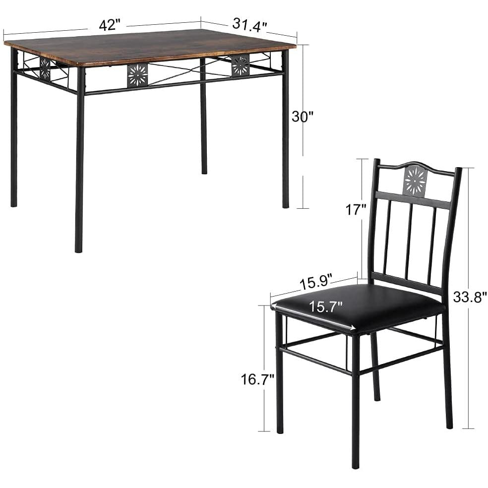 Dining table and chair set with dimensions labeled on a white background