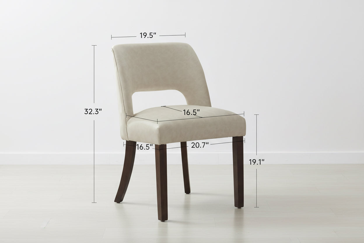 Beige chair with dimensions labeled on a white background