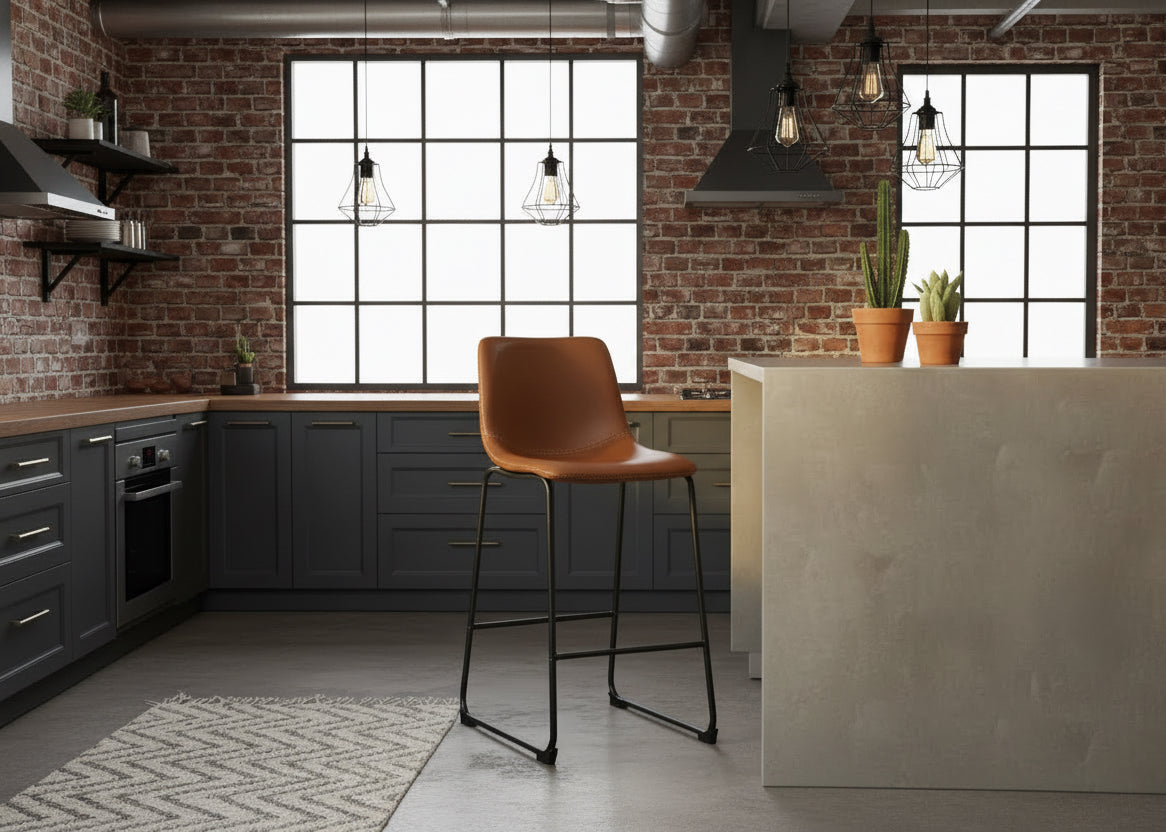 Man sitting on a stool in a modern kitchen