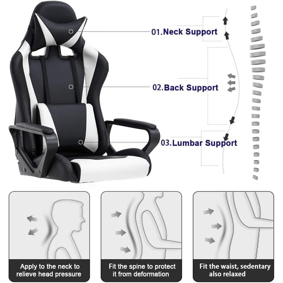 Black and white gaming chair with support features labeled on a white background
