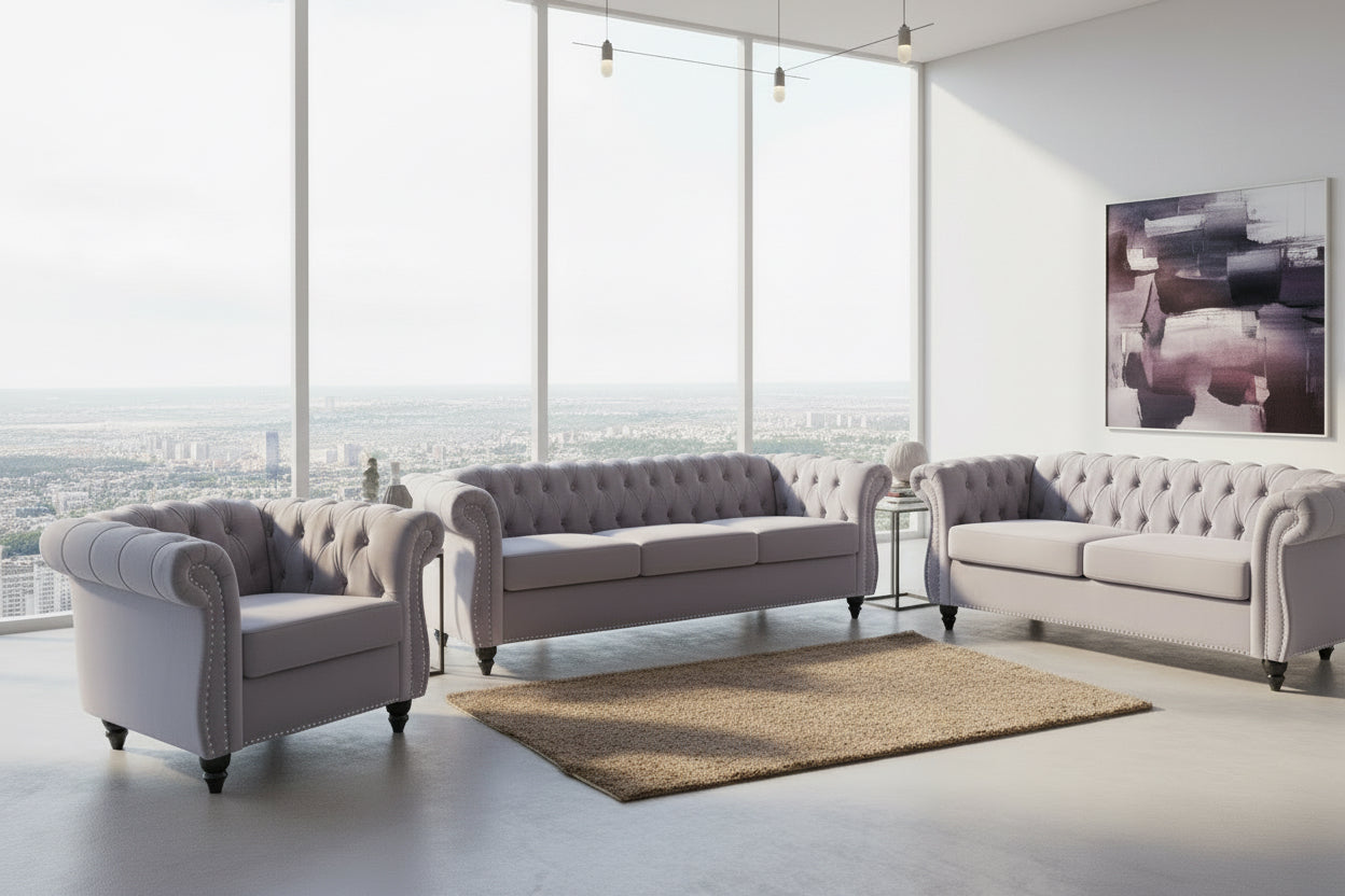 Gray sofa set in a modern living room with large windows and cityscape view.
