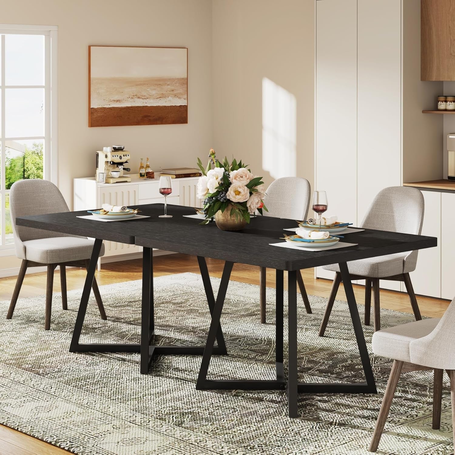 Dining room with a black dining table set and decor