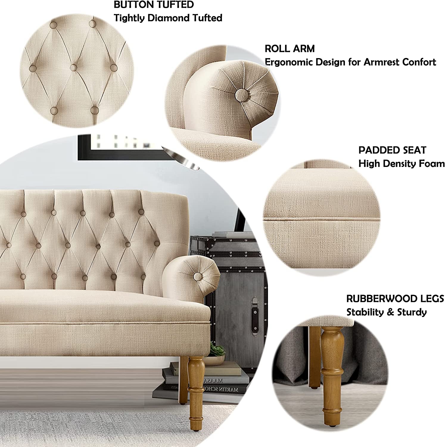 Beige tufted sofa with close-up details on button tufting, roll arm, padded seat, and rubberwood legs.
