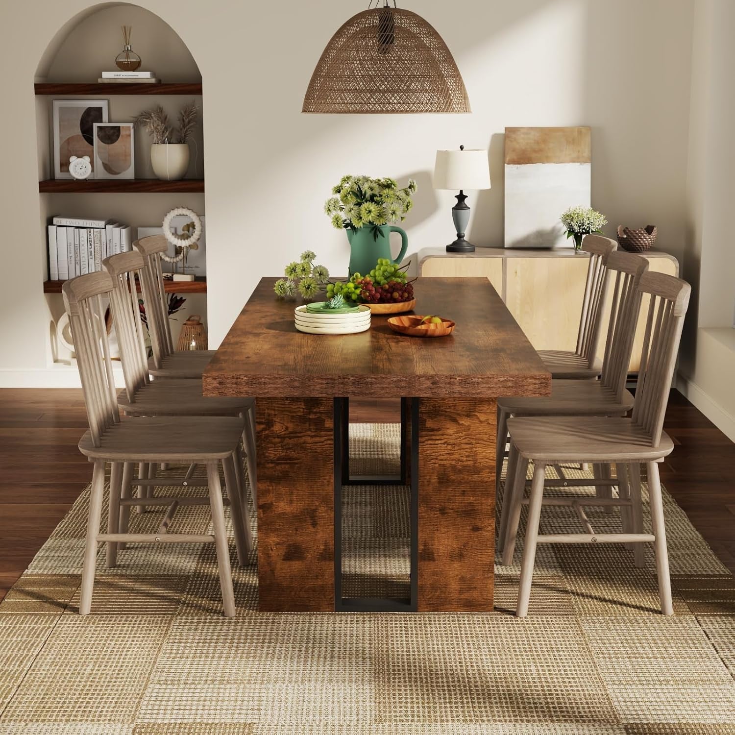 Dining room with wooden table and chairs in a well-lit room.