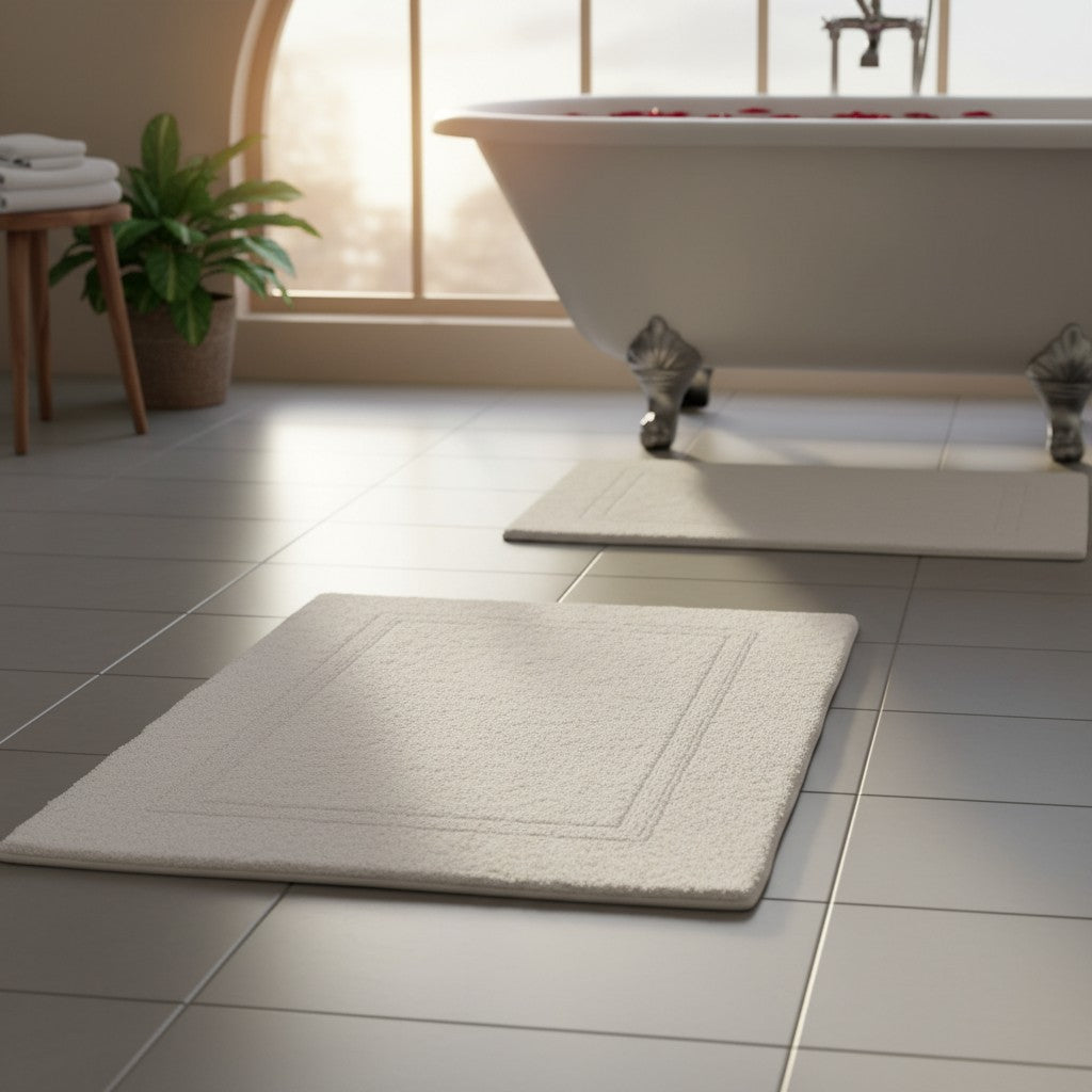 Beige bath mat on a tiled bathroom floor with a bathtub in the background.