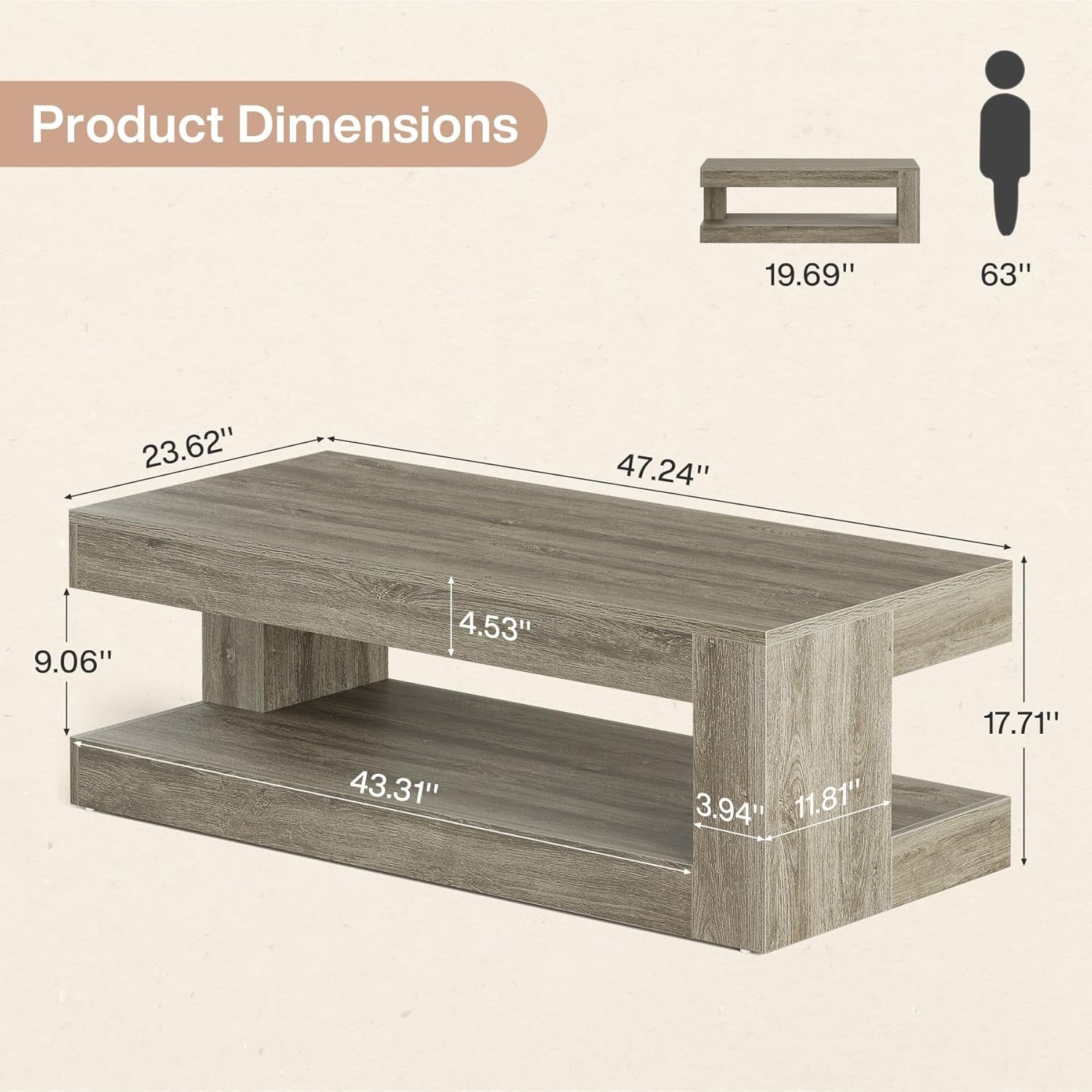 Wooden coffee table with dimensions labeled on a beige background